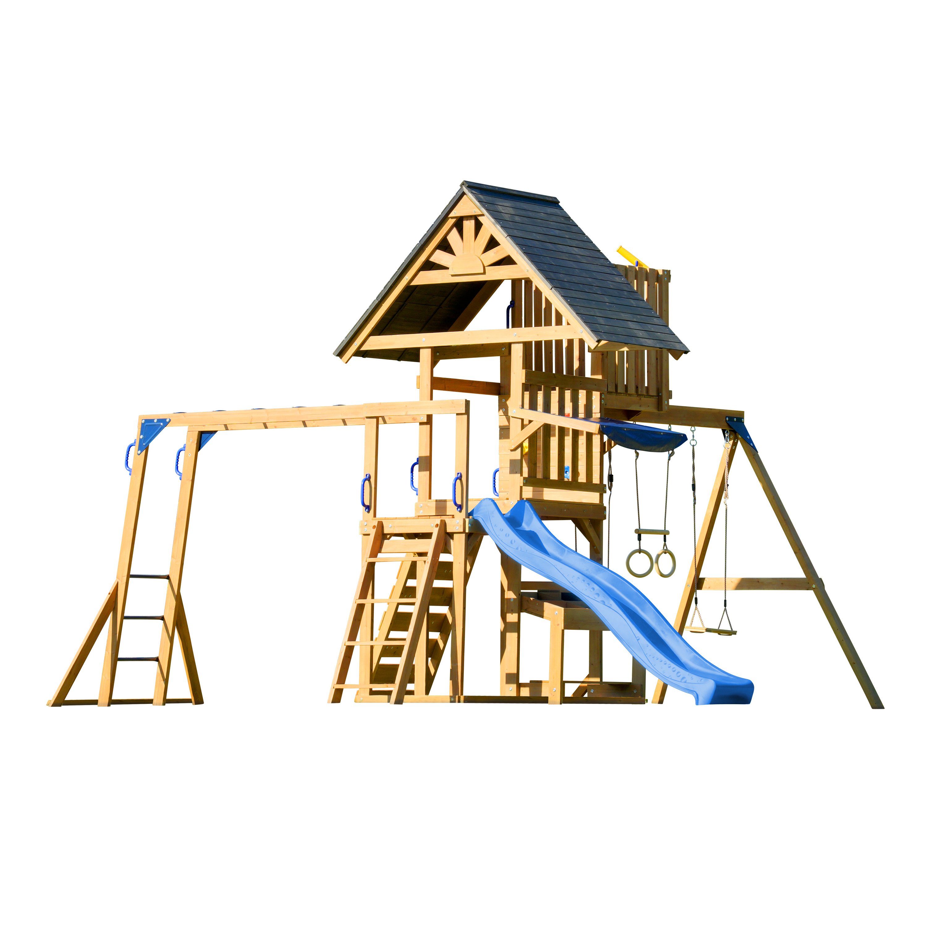 AXI Mitch Climbing Frame with Double Swing, Trapeze and Lookout Tower – Blue Slide