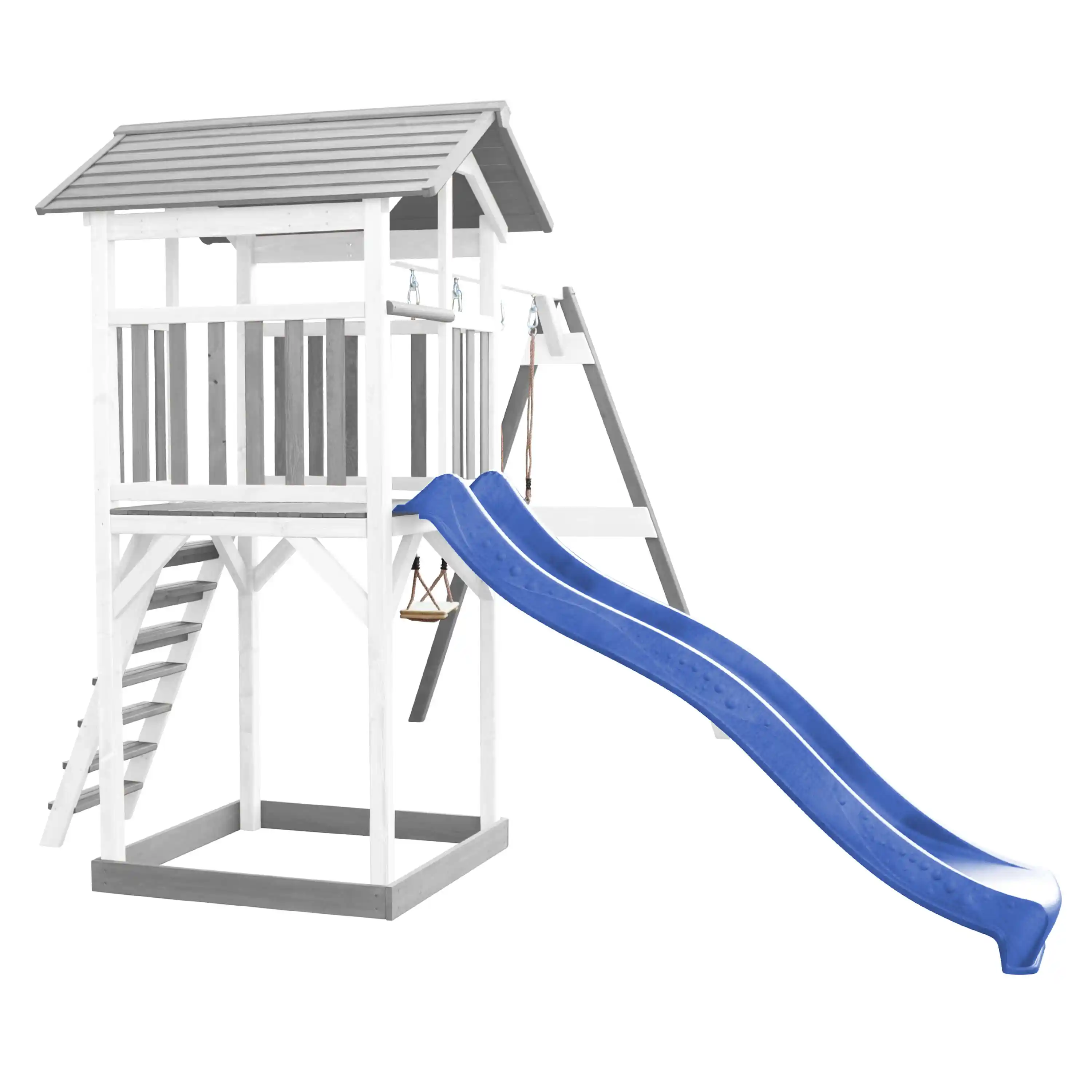AXI Beach Tower Speeltoren met Dubbele Schommel Grijs/wit - Blauwe Glijbaan