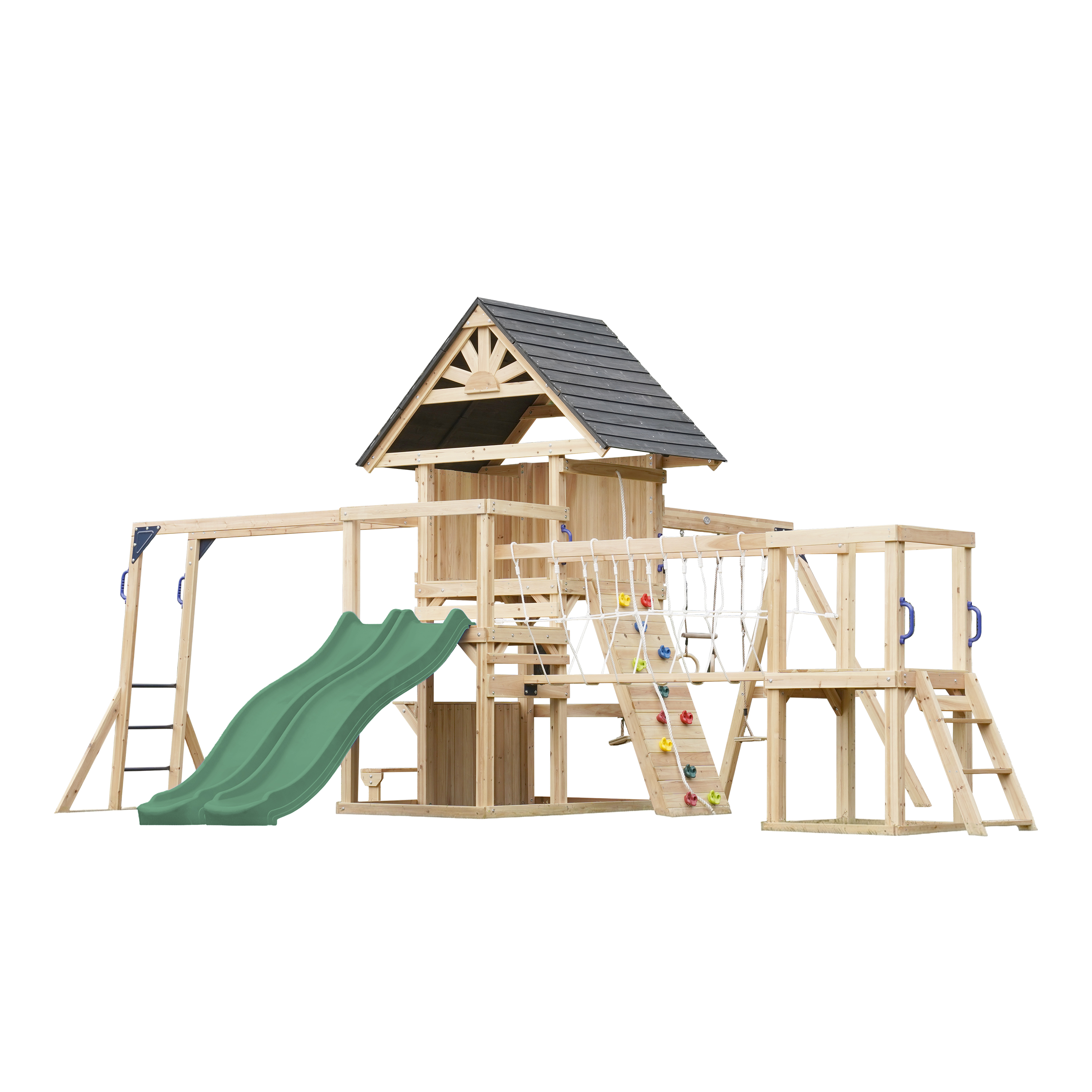 AXI Hunter Climbing Frame with Swings, Climbing Frame, Climbing Bridge and Multiple Platforms – Green Double Slide