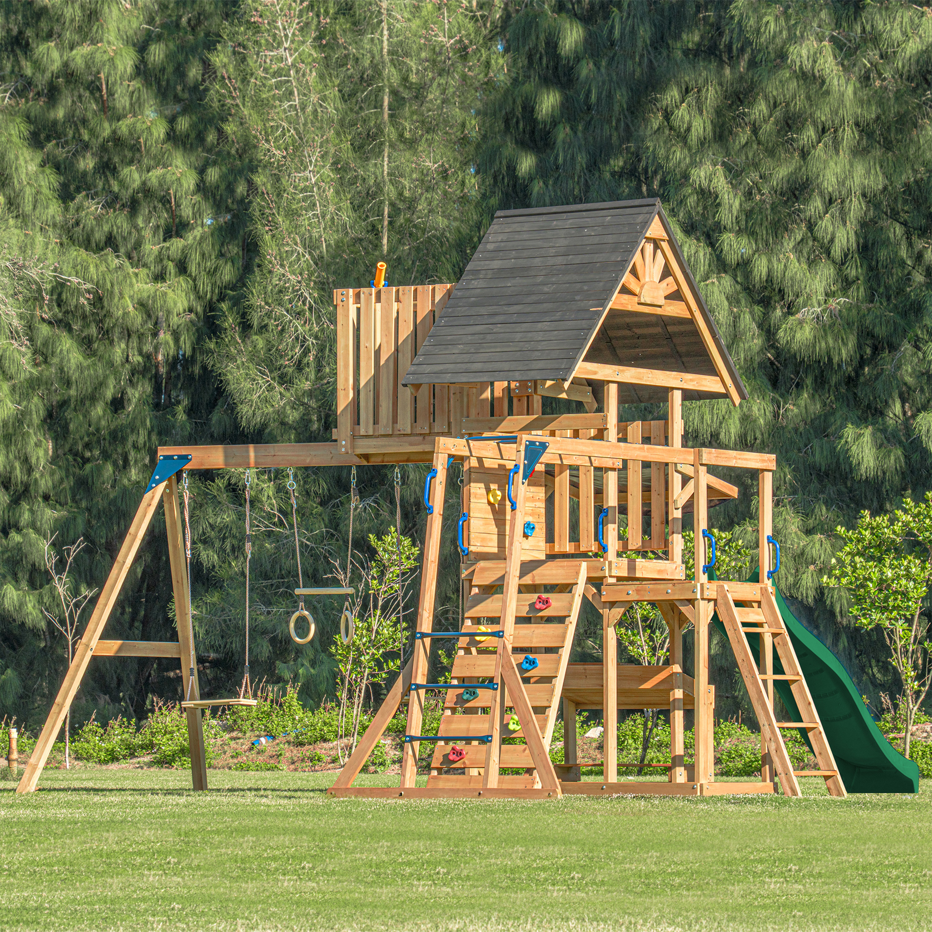 AXI Mitch Climbing Frame with Double Swing, Trapeze and Lookout Tower – Green Slide