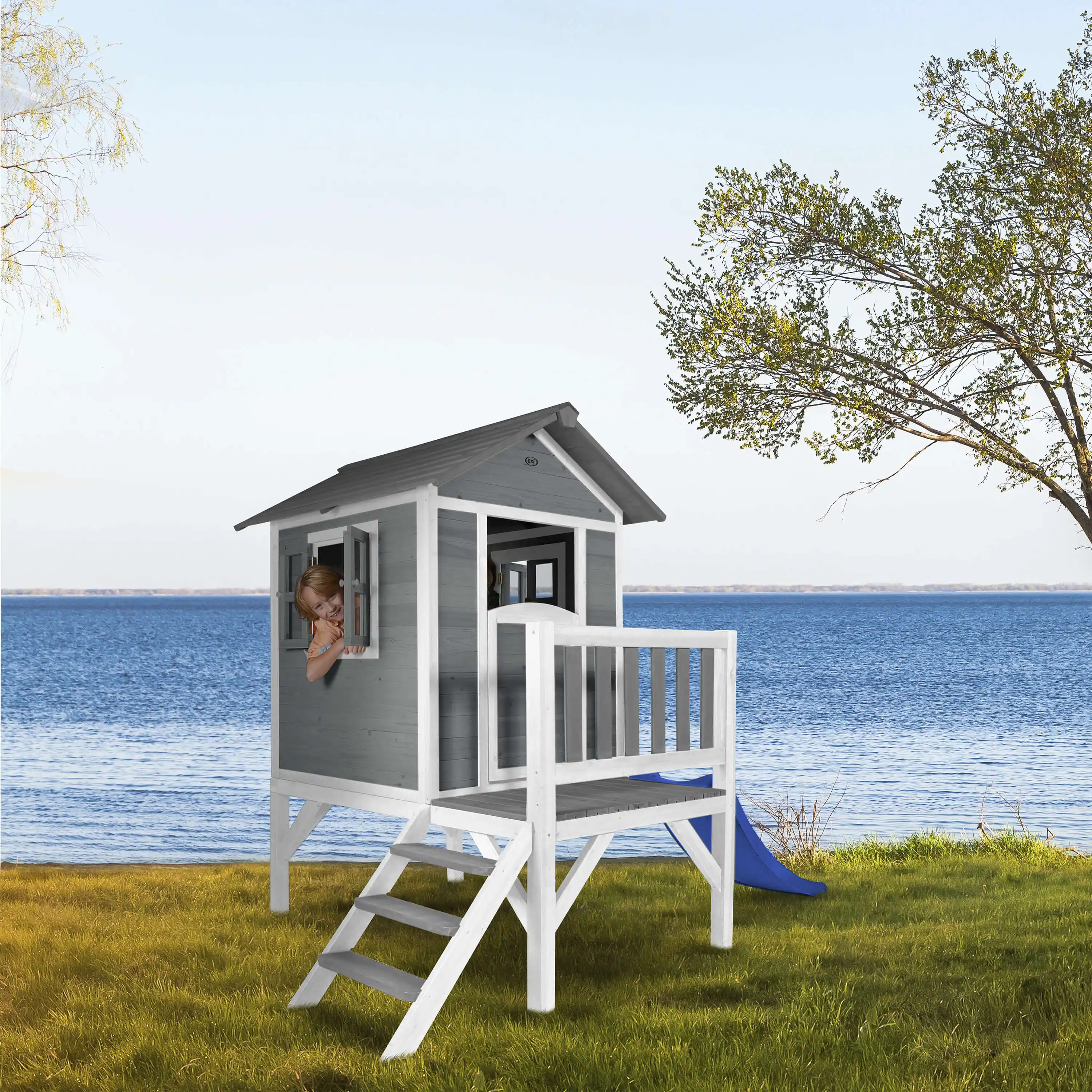 AXI Lodge XL Speelhuis Cool Grijs - Blauwe Glijbaan