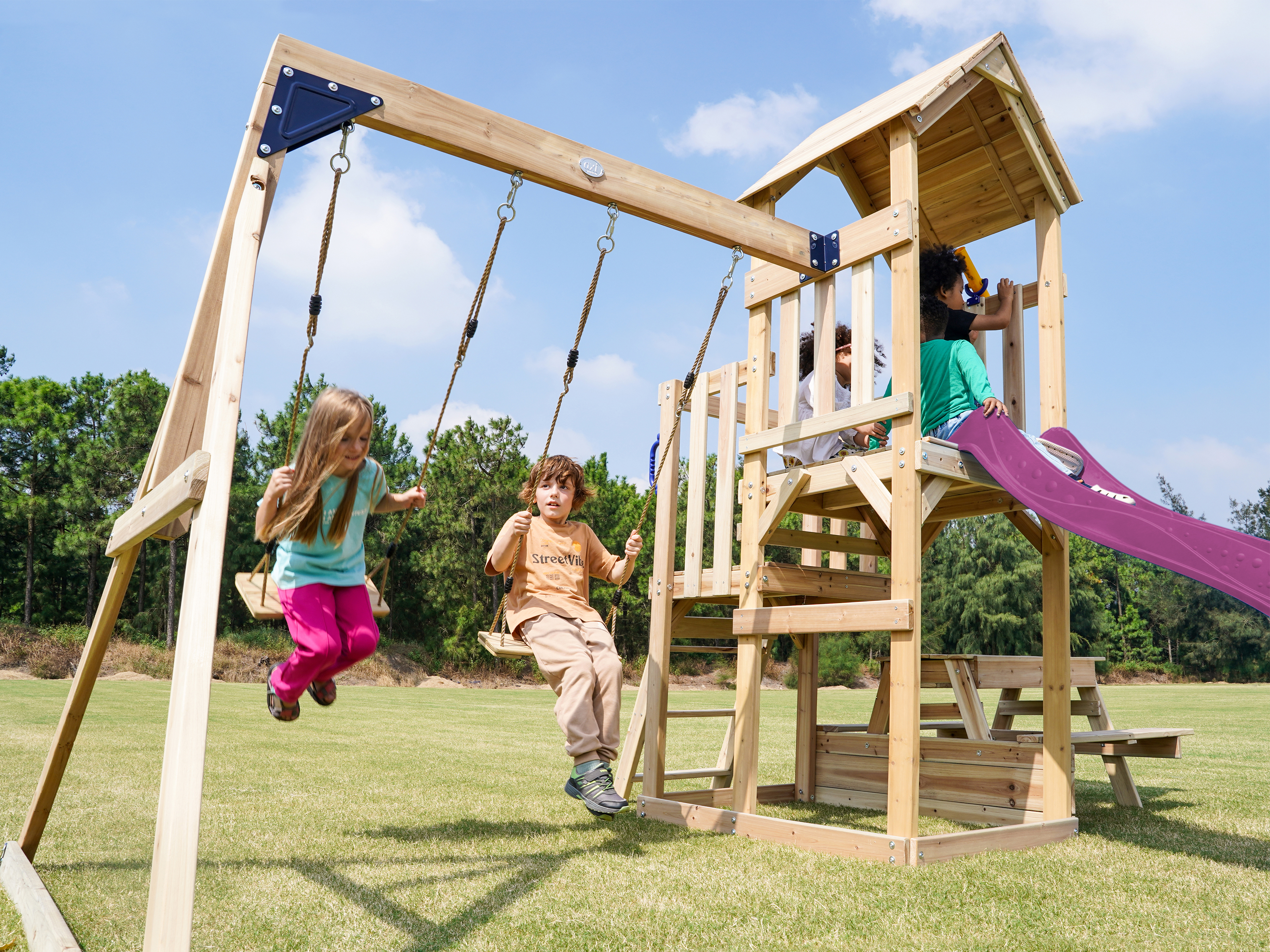 AXI Mette Playground with Double Swing Brown - Purple Slide 
