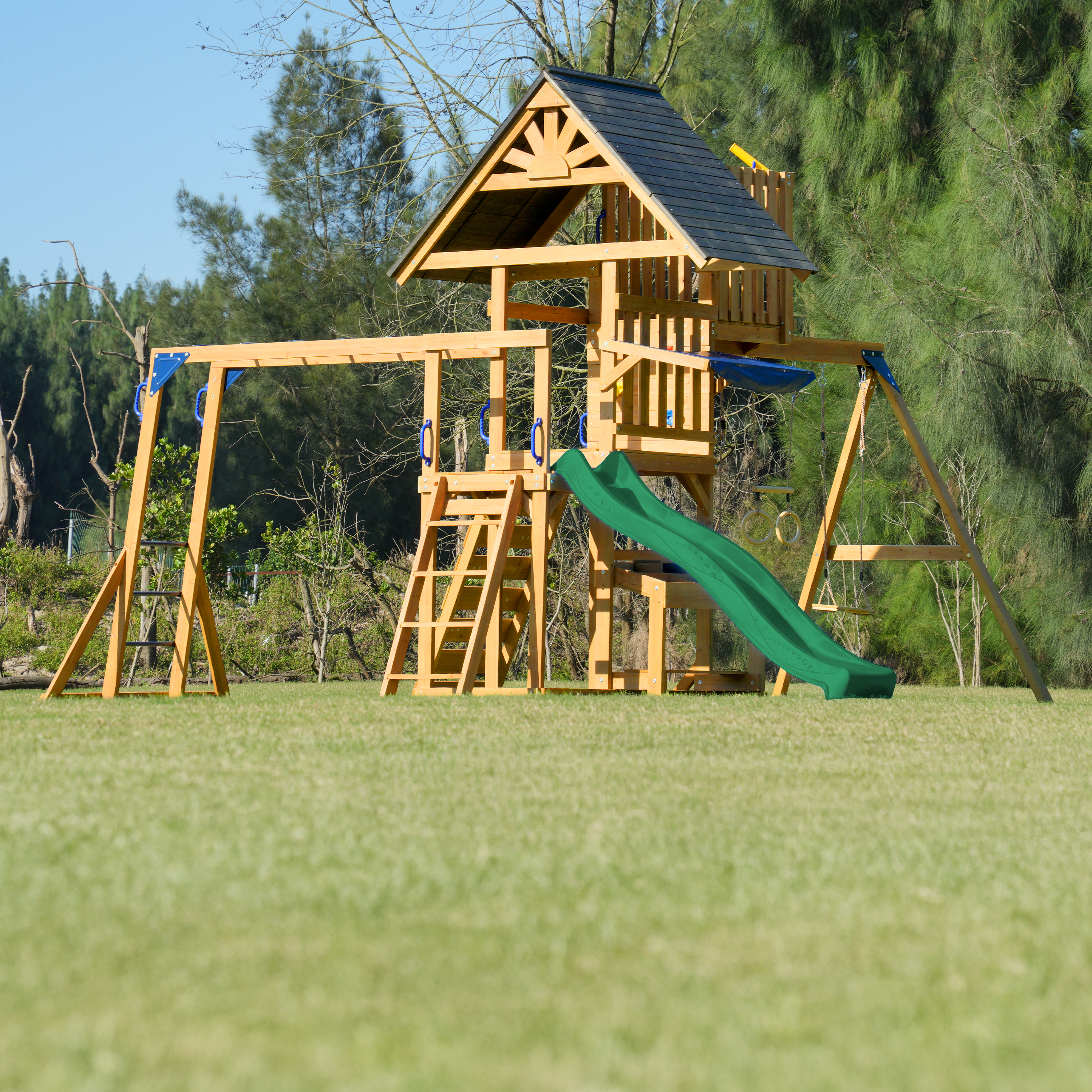 AXI Mitch Climbing Frame with Double Swing, Trapeze and Lookout Tower – Green Slide