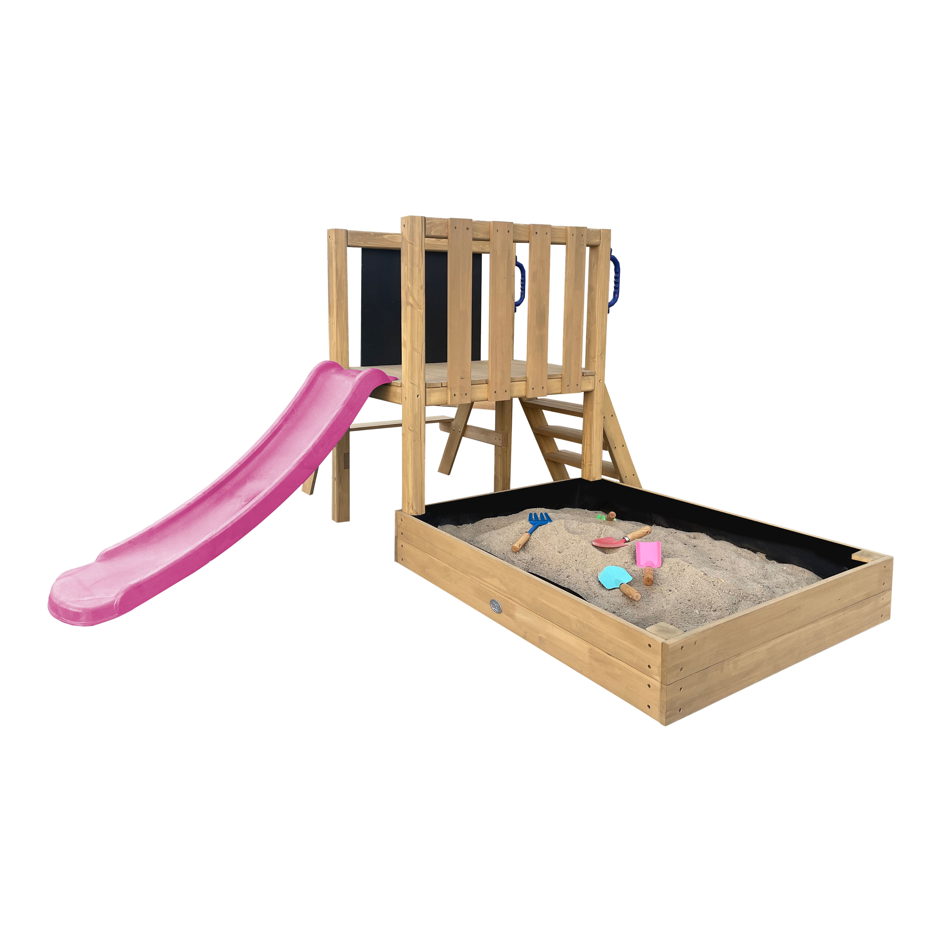 AXI Leah Mini Wooden Playtower with Sandbox. Picnic Table & Chalkboard – Purple Slide