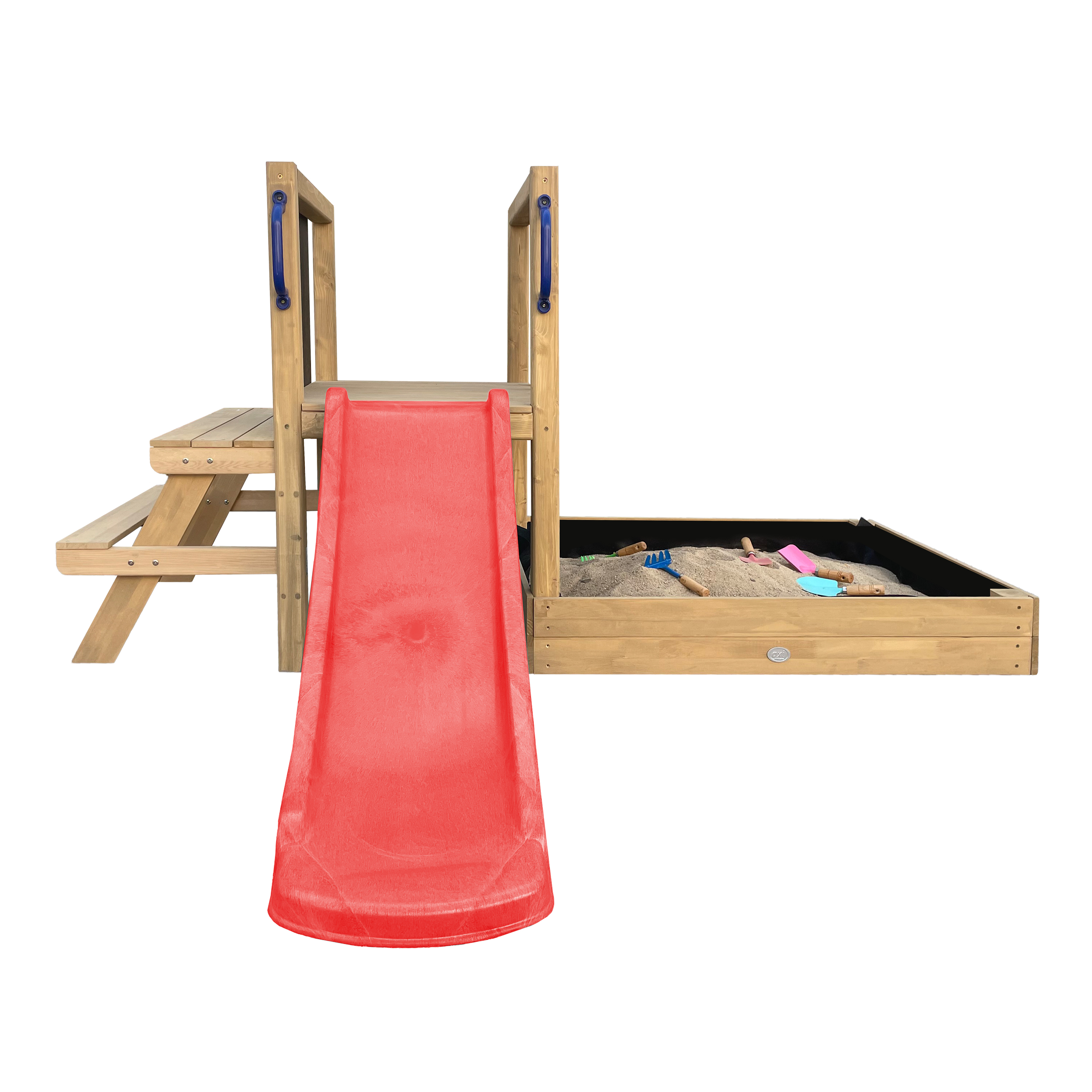 AXI Leah Mini Wooden Playtower with Sandbox. Picnic Table & Chalkboard – Red Slide