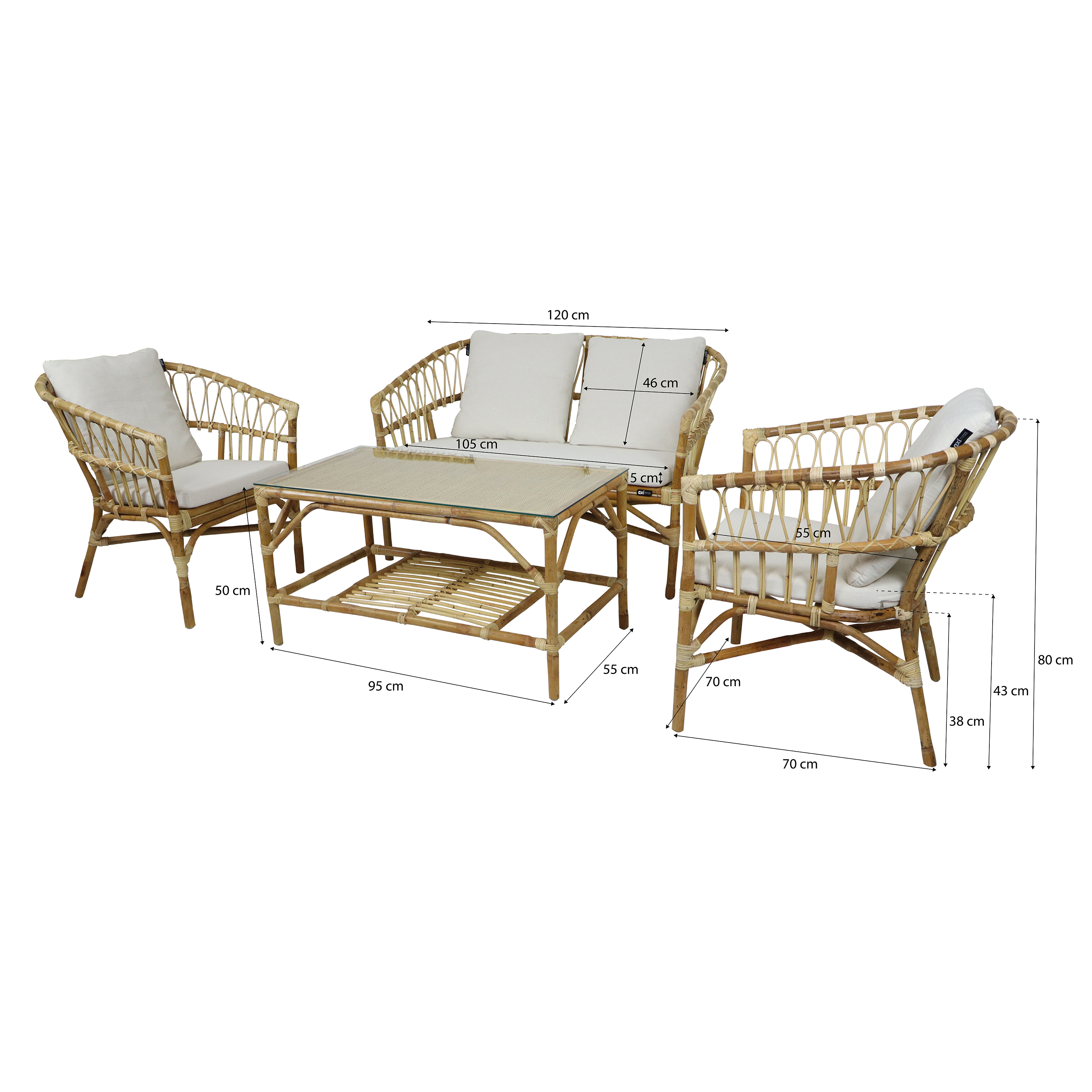 AXI Mary Rattan Lounge Set – 4-Piece with Sofa. Table. and 2 Chairs Natural/White