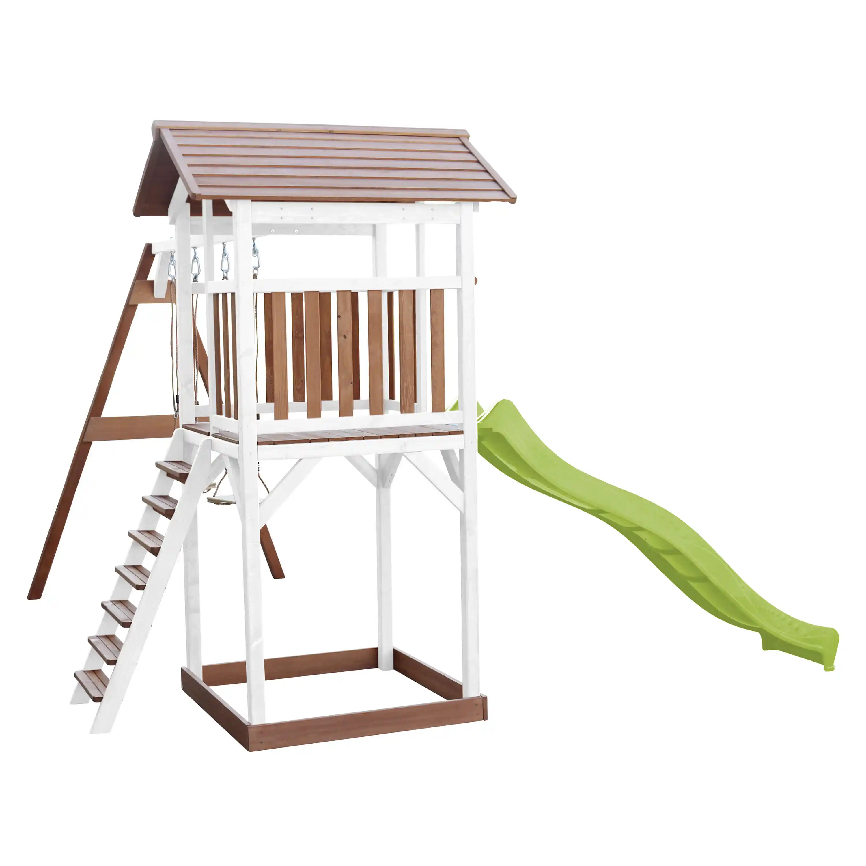 AXI Beach Tower Speeltoren met Dubbele Schommel Bruin/wit - Limoen groene Glijbaan