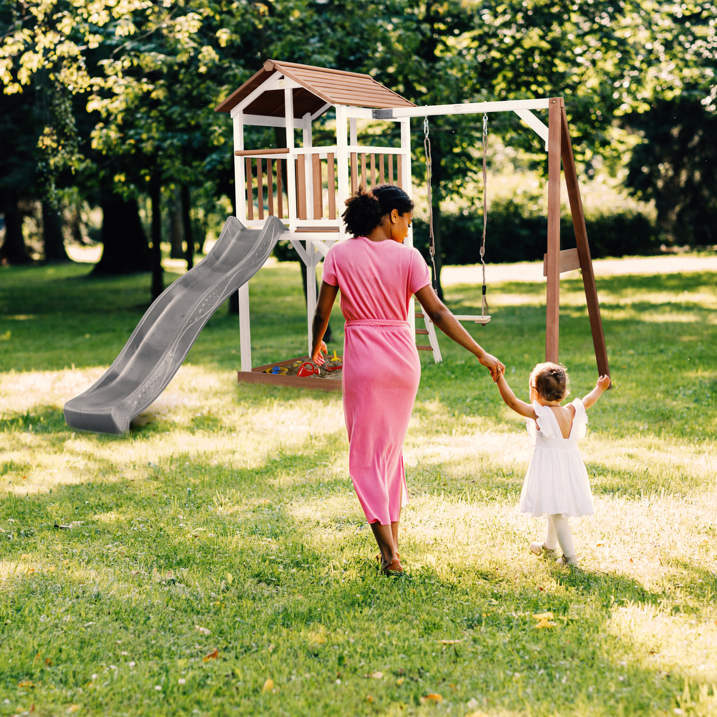 AXI Beach Tower with Single Swing Set Brown/White - Grey Slide-8717973939290 AXI Beach Tower with Single Swing Set Brown/White - Grey Slide