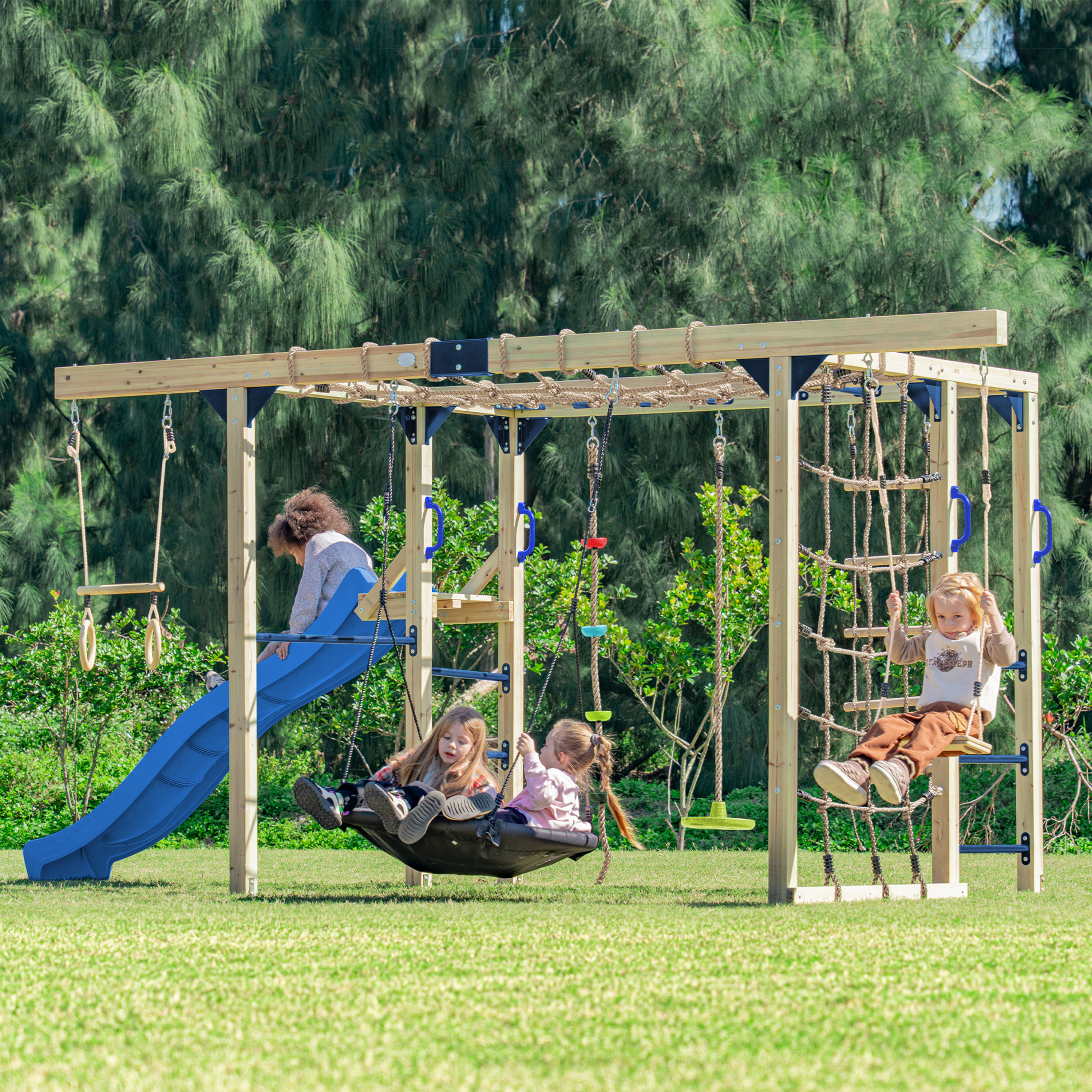 AXI Boris Wooden Playcentre with Swings. Trapeze. Climbing Nets and Monkey Bars – Blue Slide