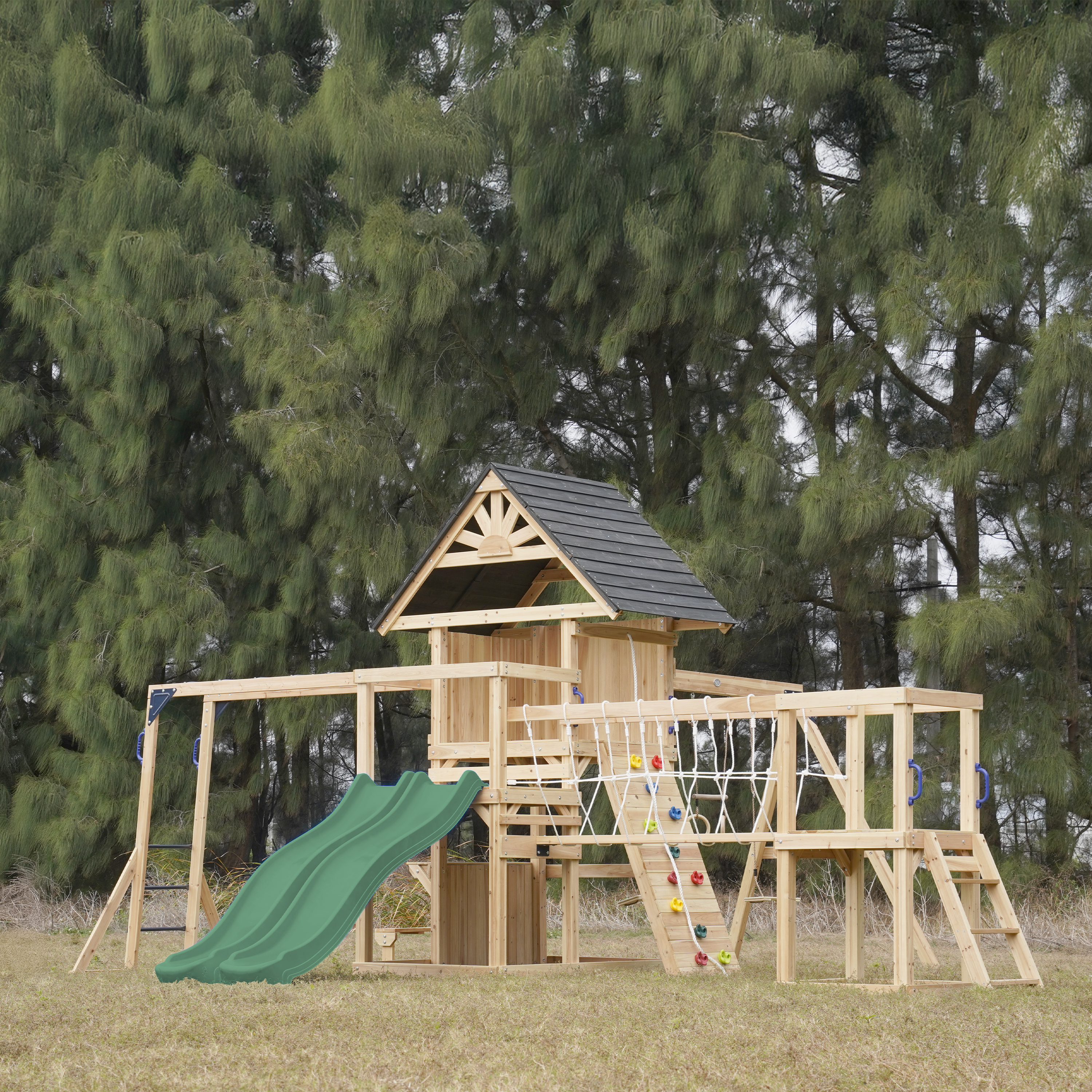 AXI Hunter Climbing Frame with Swings, Climbing Frame, Climbing Bridge and Multiple Platforms – Green Double Slide