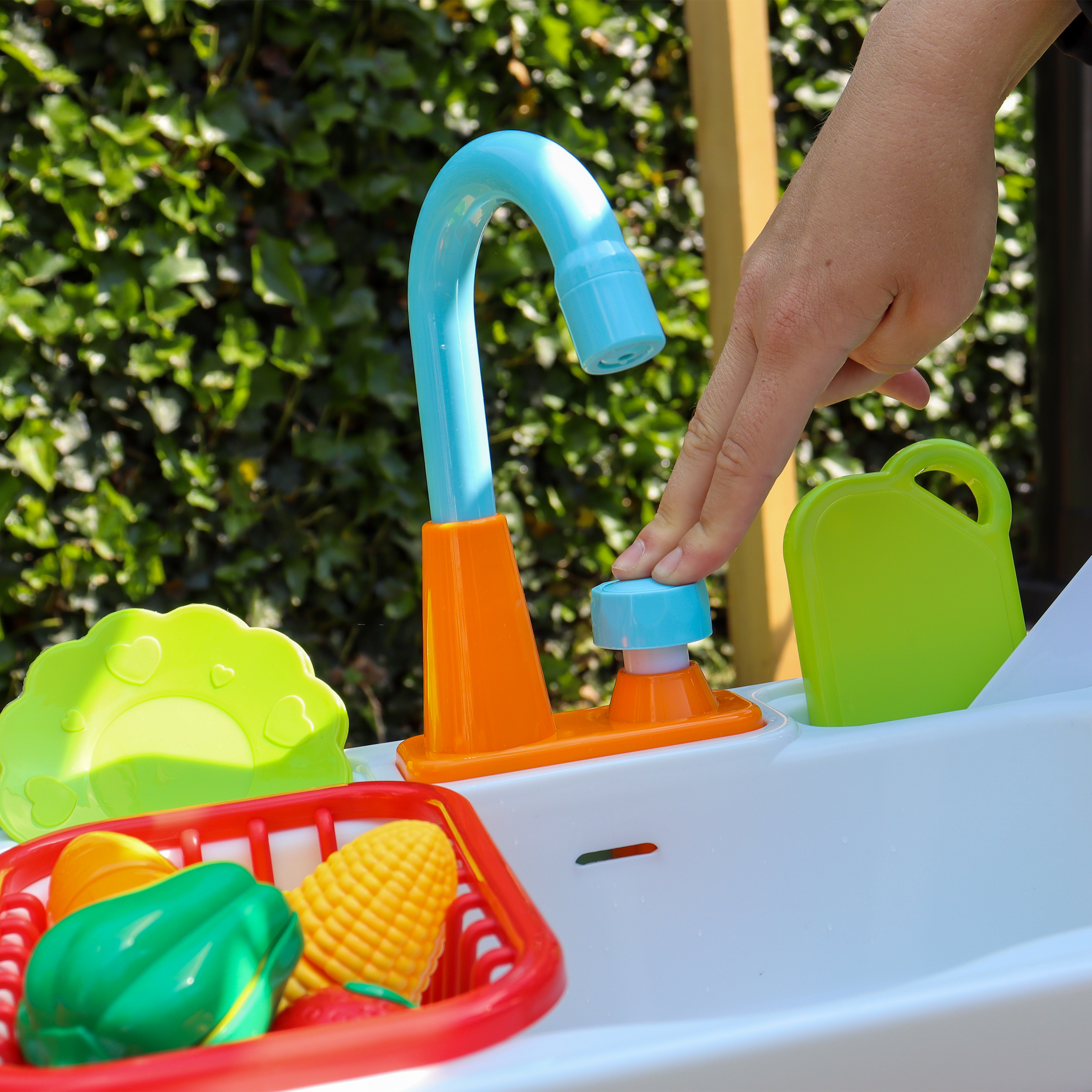 AXI Dennis Sand & Water Picnic Table with Play Kitchen Sink and Benches Brown - Umbrella Blue/White