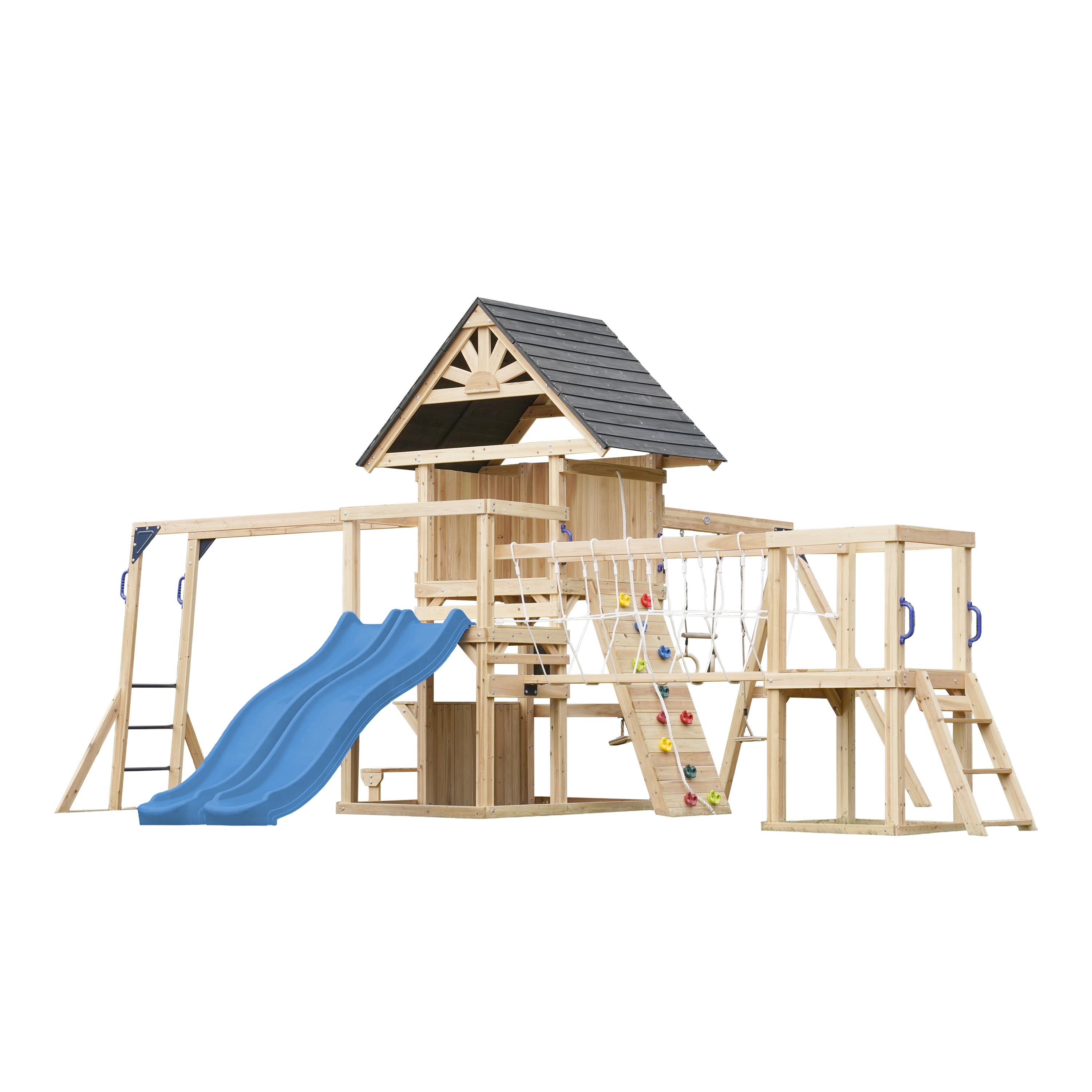 AXI Hunter Climbing Frame with Swings, Climbing Frame, Climbing Bridge and Multiple Platforms – Blue Double Slide