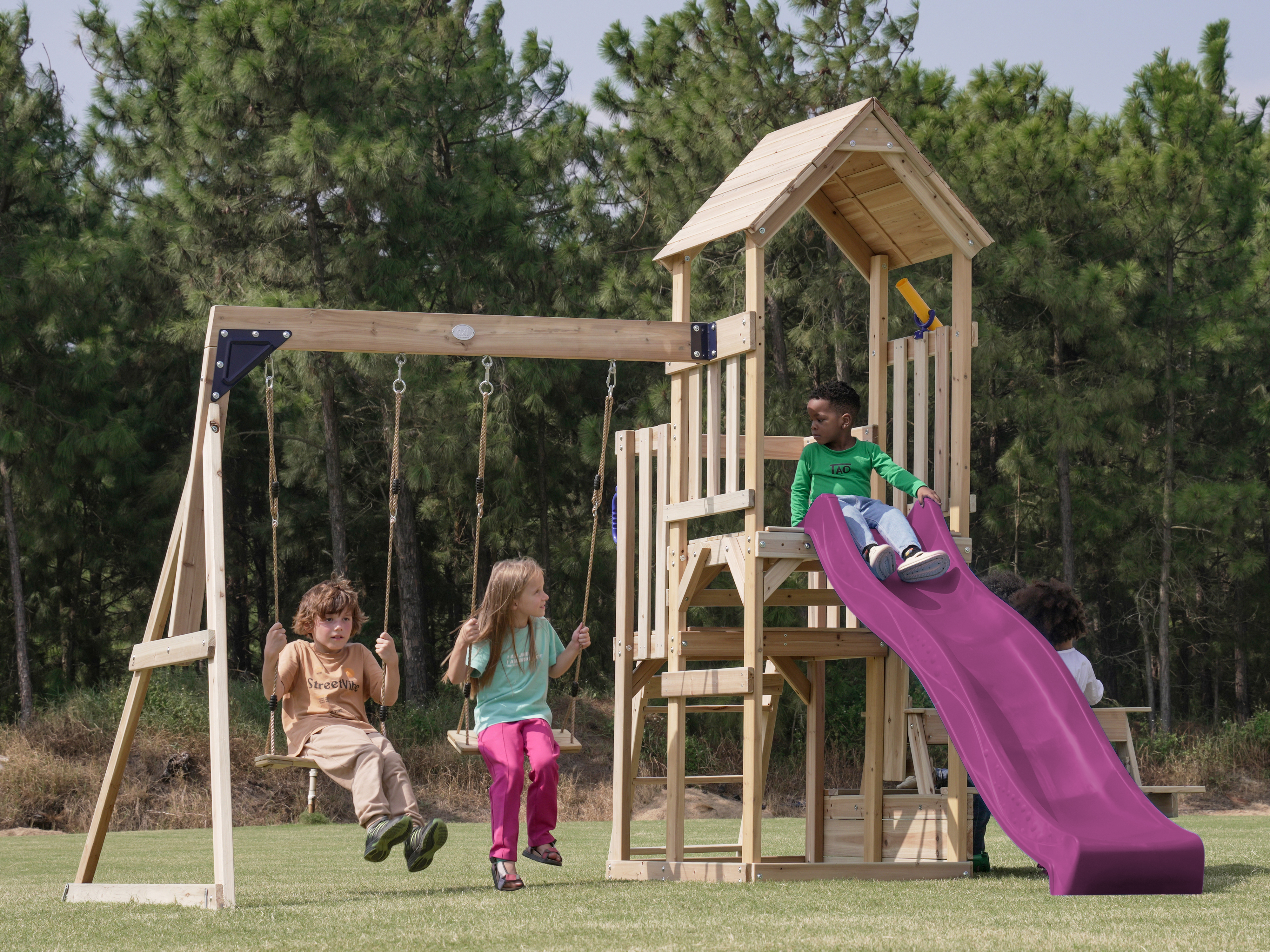 AXI Mette Playground with Double Swing Brown - Purple Slide 