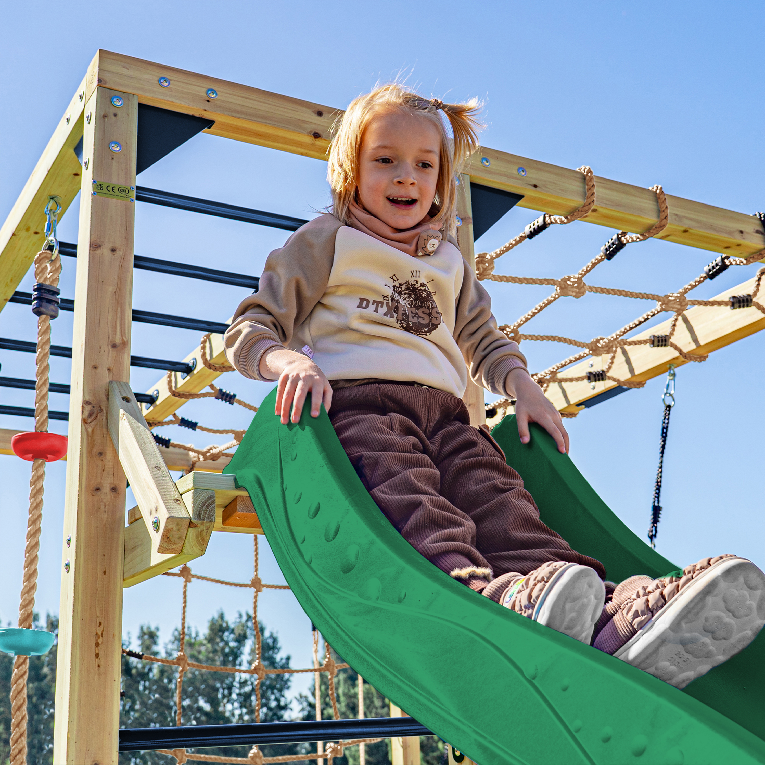 AXI Boris Wooden Playcentre with Swings. Trapeze. Climbing Nets and Monkey Bars – Green Slide