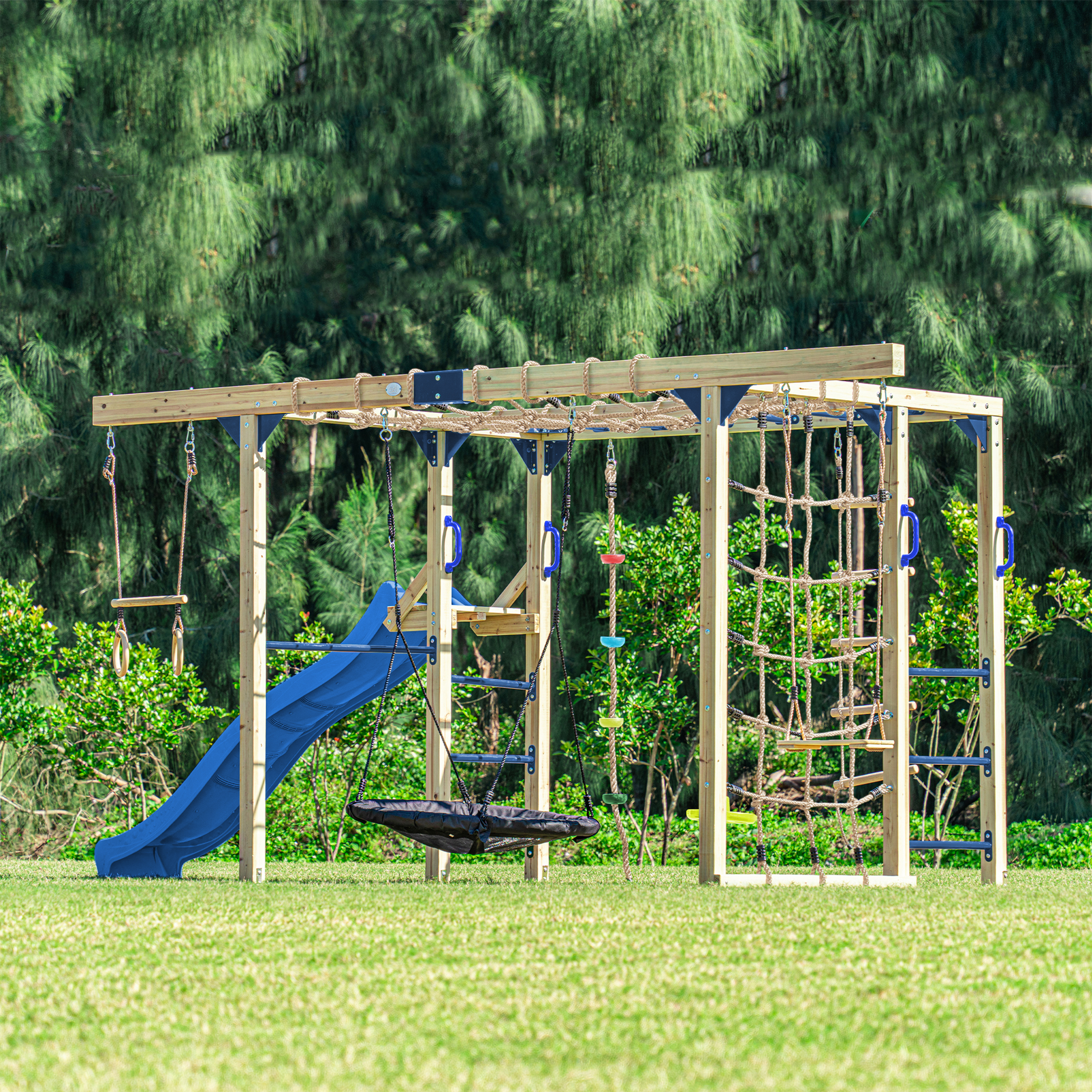 AXI Boris Wooden Playcentre with Swings. Trapeze. Climbing Nets and Monkey Bars – Blue Slide