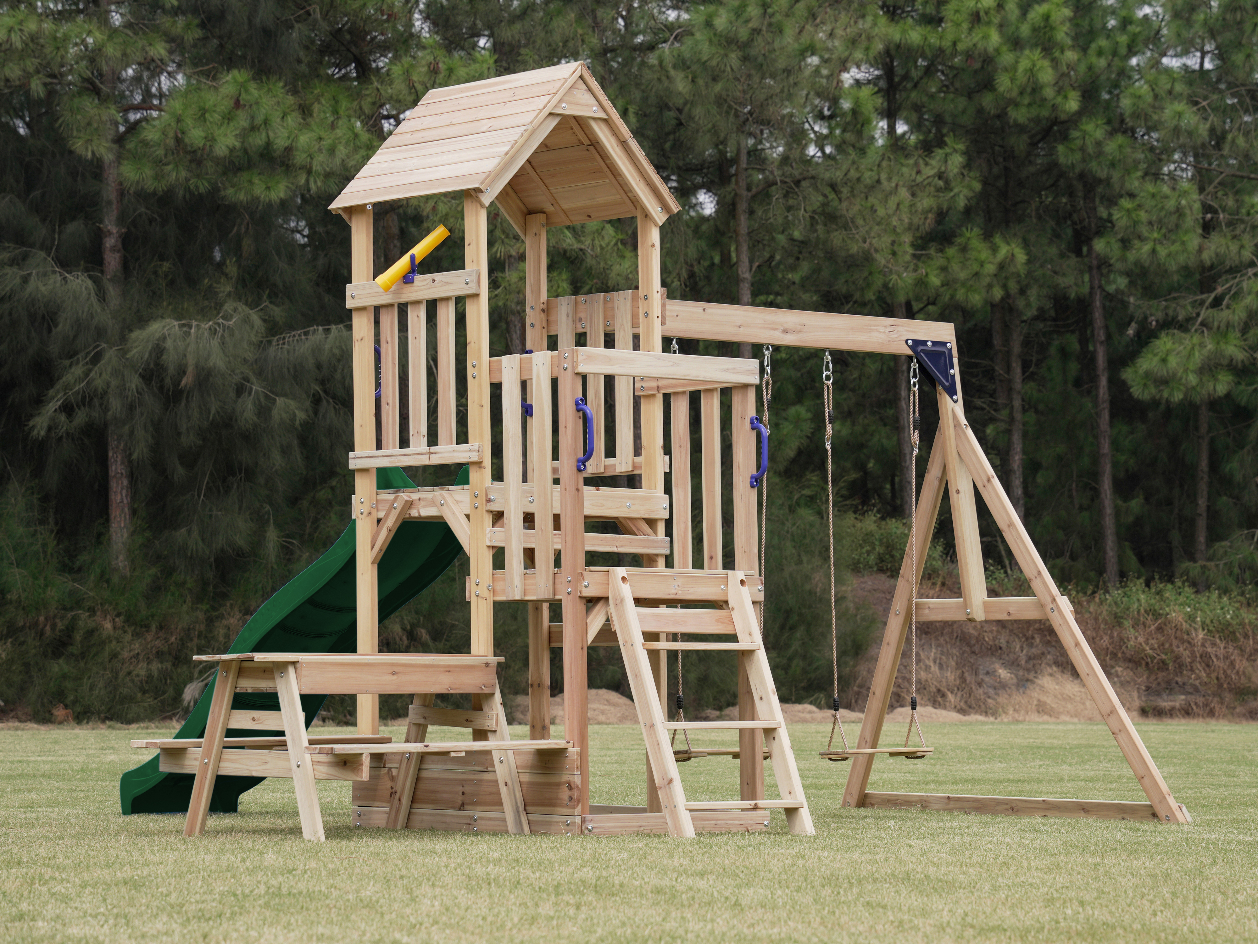 AXI Mette Climbing Frame with Double Swing Set and Picnic Table - Green Slide