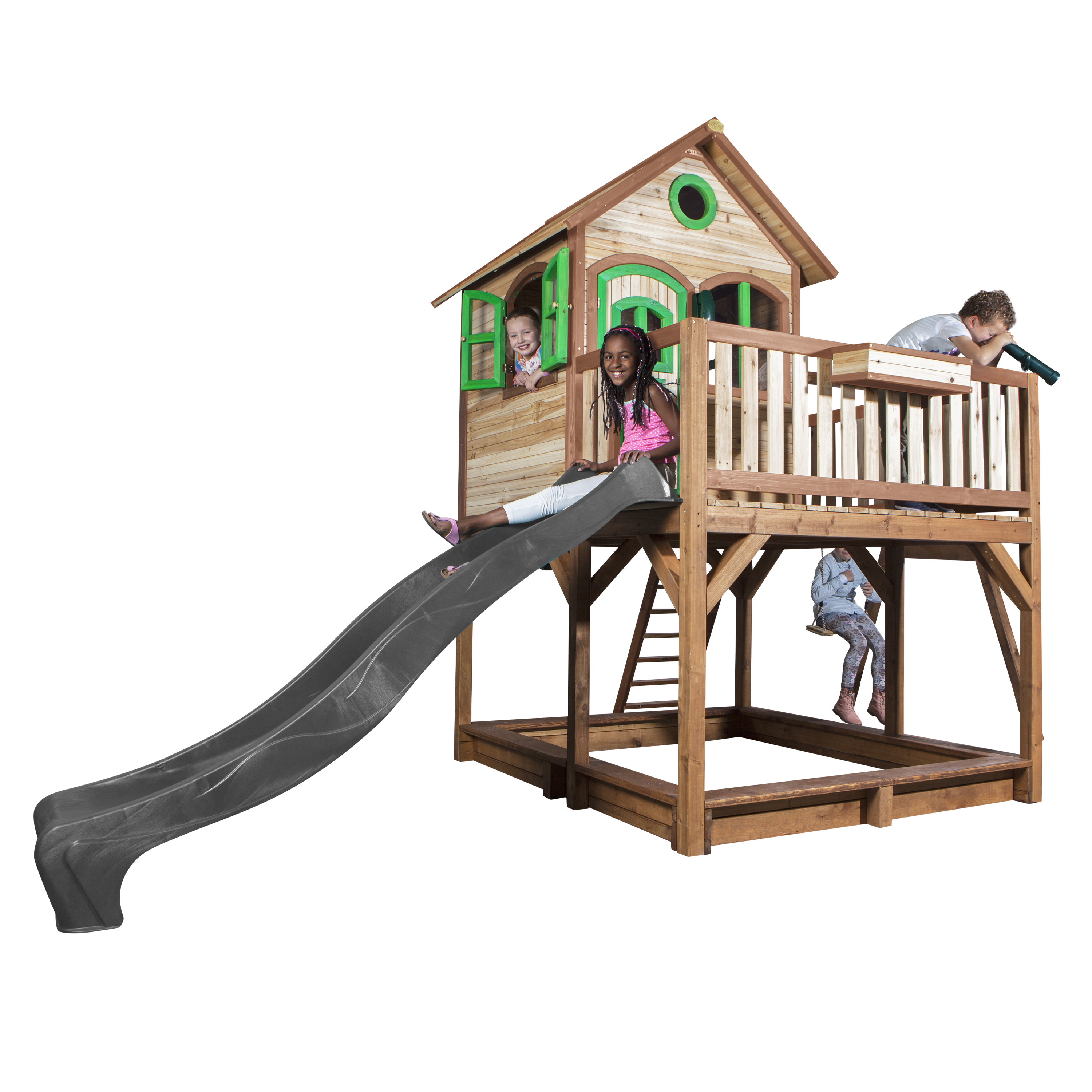AXI Liam Playhouse with Double Swing Set Brown/Green - Grey Slide