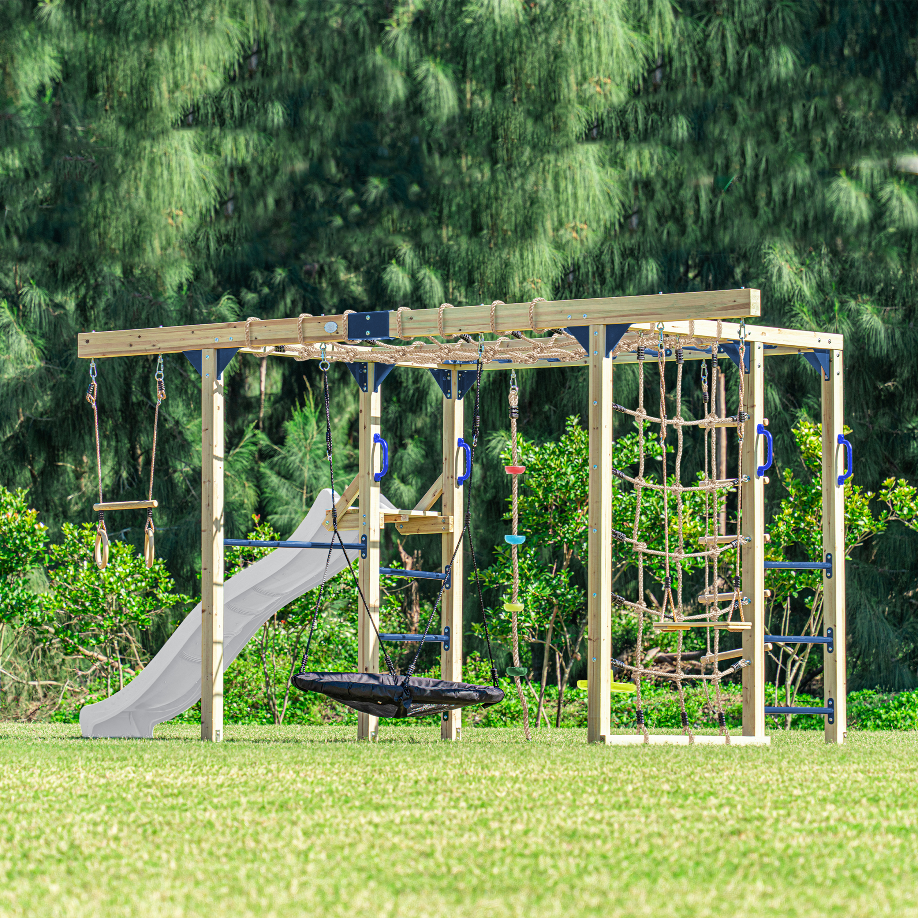 AXI Boris Wooden Playcentre with Swings. Trapeze. Climbing Nets and Monkey Bars – White Slide