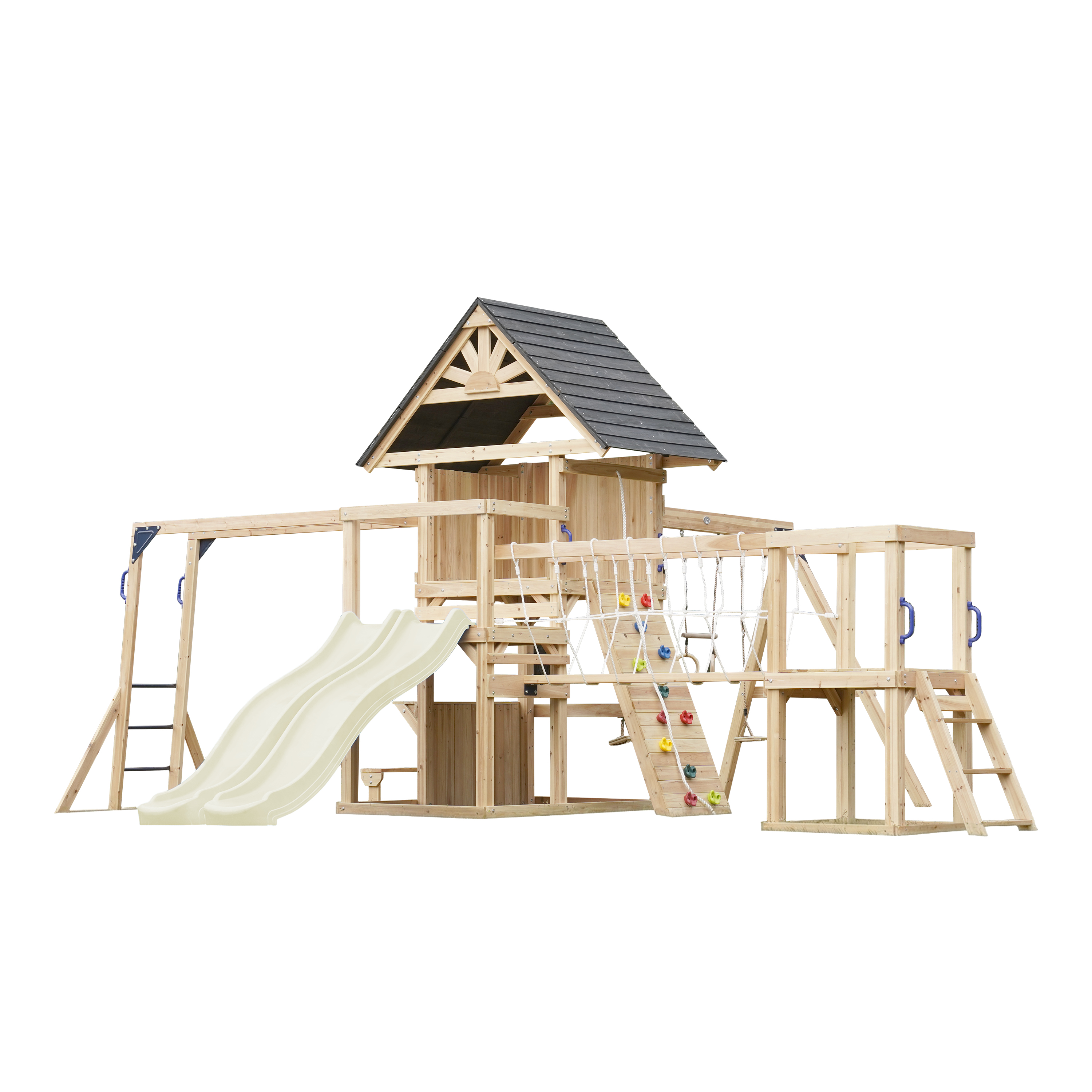AXI Hunter Climbing Frame with Swings, Climbing Frame, Climbing Bridge and Multiple Platforms – Cream Double Slide