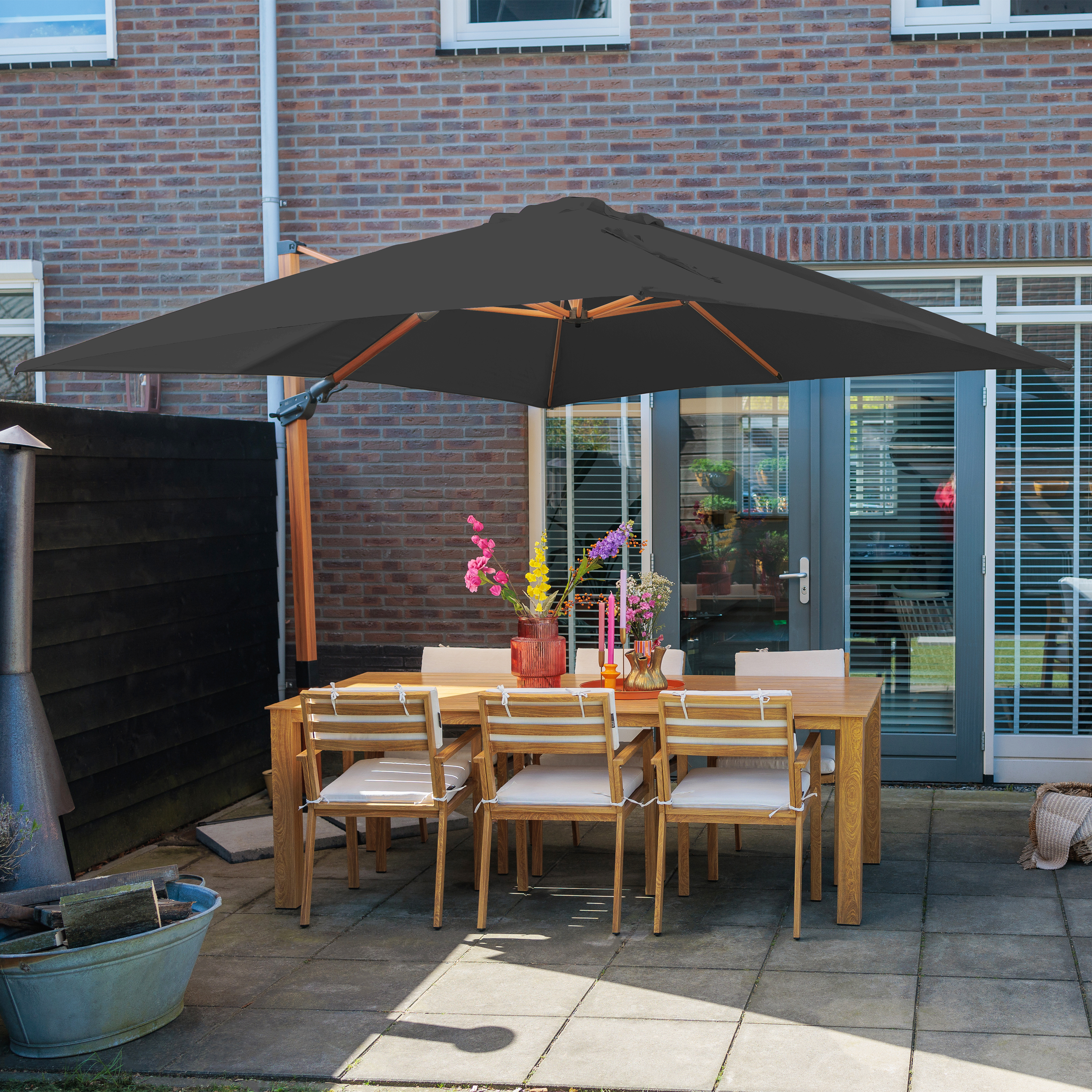 AXI Apollo Premium Cantilever Parasol 300x300cm - Wood-look/Grey-8720365063527 AXI Apollo Premium Cantilever Parasol 300x300cm - Wood-look/Grey
