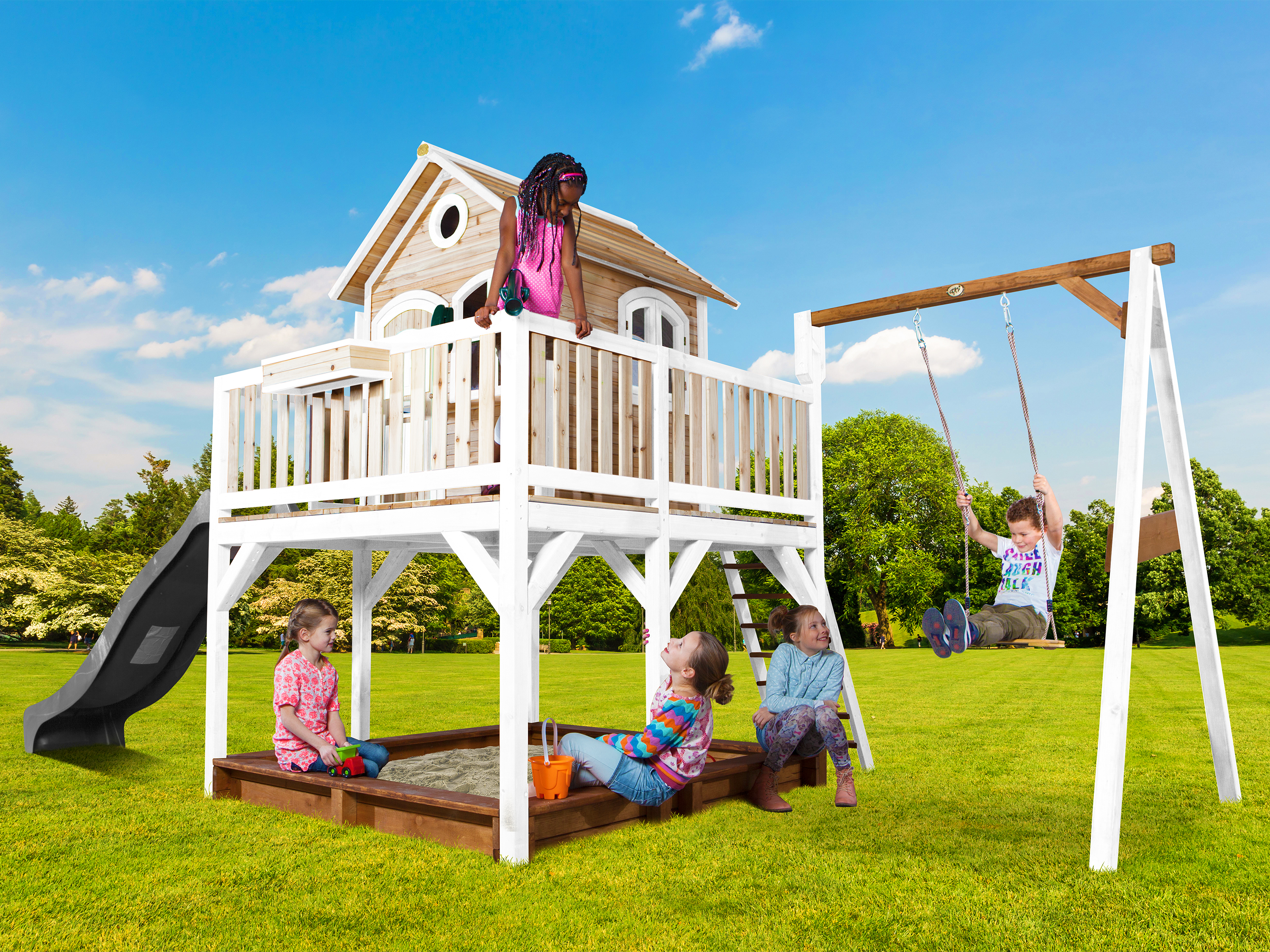 AXI Liam Playhouse with Single Swing Set Brown/White - Grey Slide-8717973937500 AXI Liam Playhouse with Single Swing Set Brown/White - Grey Slide
