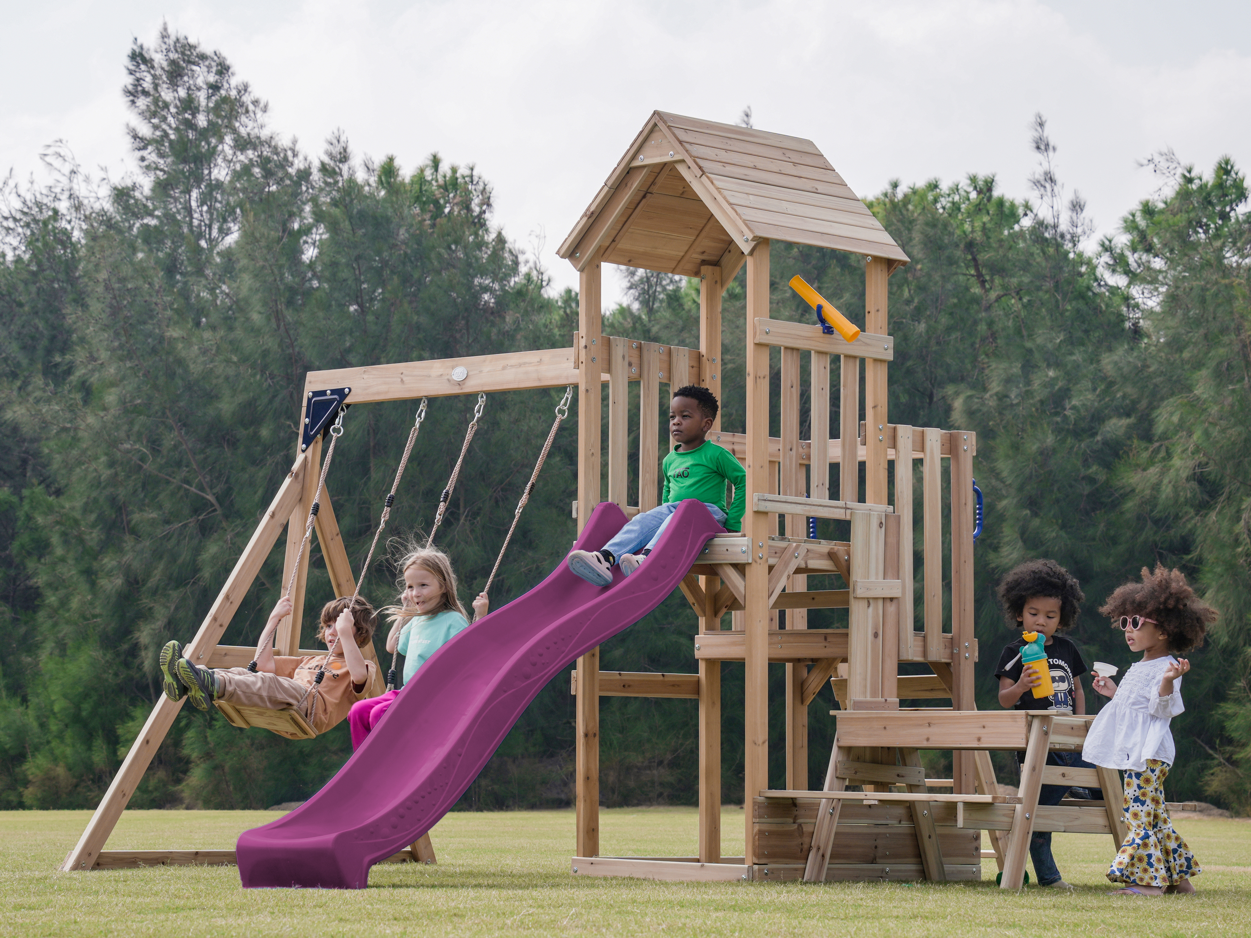 AXI Mette Playground with Double Swing Brown - Purple Slide 