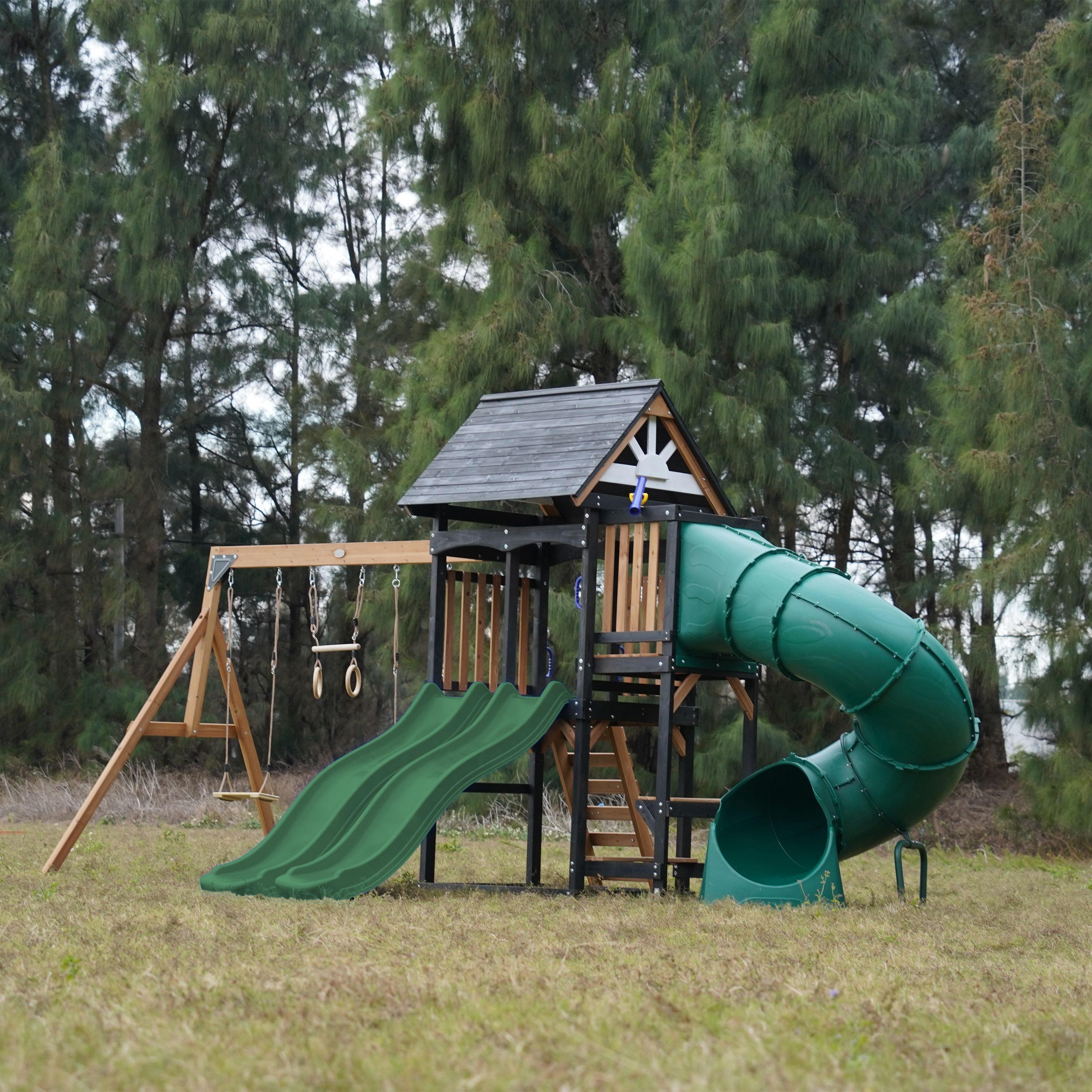 AXI Cody Climbing Frame with Swings, Trapeze and Climbing Wall – Green Double Slide and Tube Slide