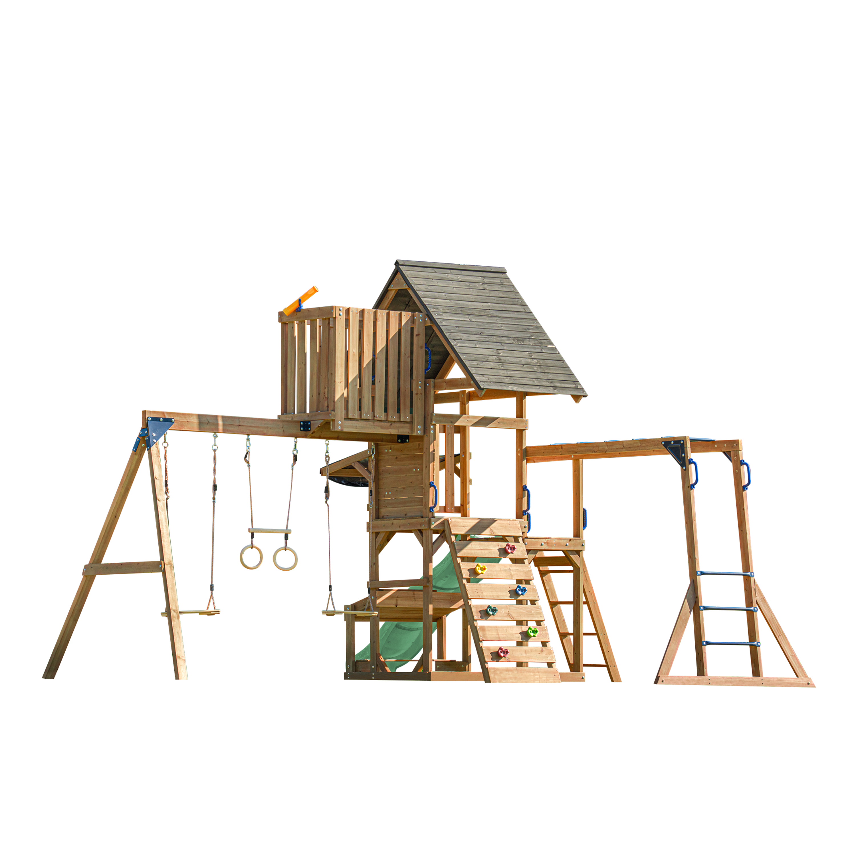 AXI Mitch Climbing Frame with Double Swing, Trapeze and Lookout Tower – Pastel Green Slide
