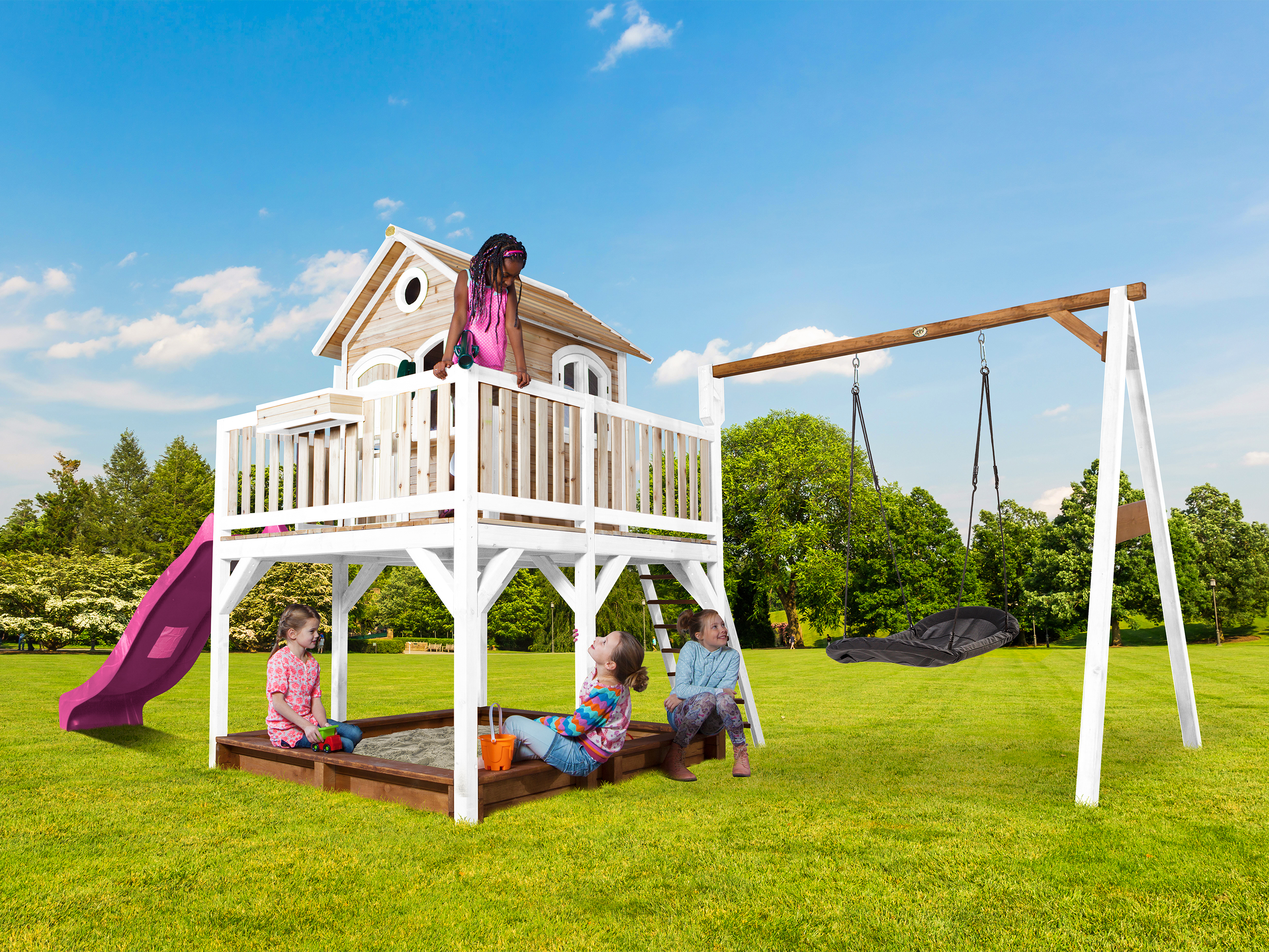AXI Liam Playhouse with Roxy Nest Swing Set Brown/White - Purple Slide