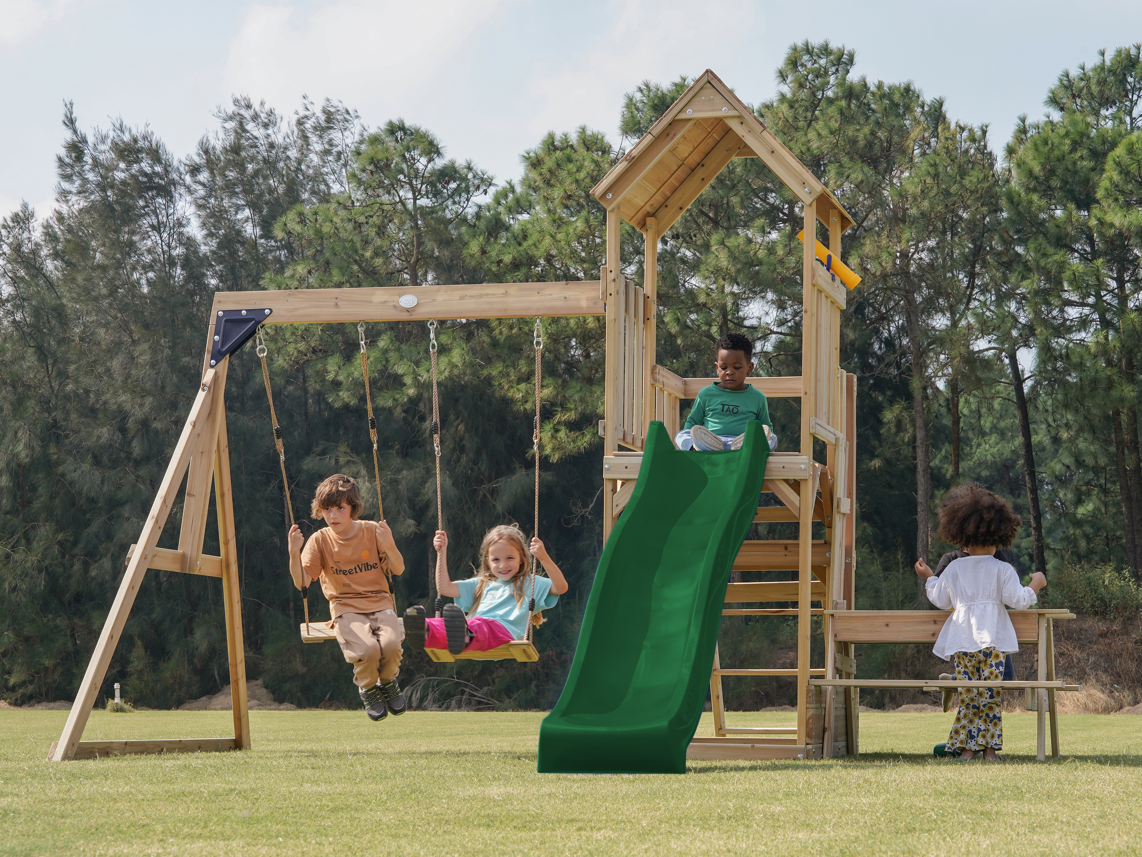 AXI Mette Climbing Frame with Double Swing Set and Picnic Table - Green Slide