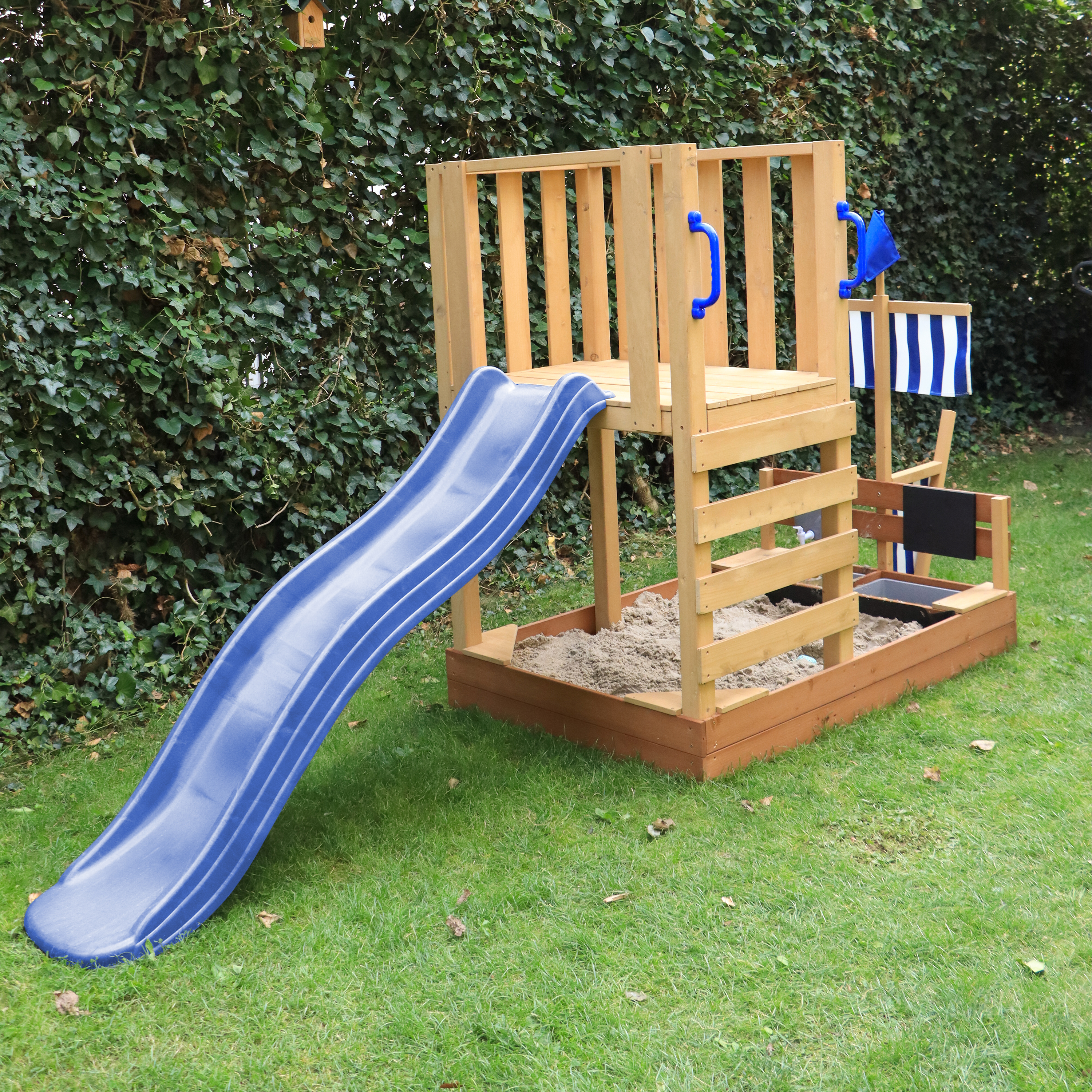 AXI Vicky Climbing Frame with Sandbox, Play Kitchen & Chalkboard – Blue Slide