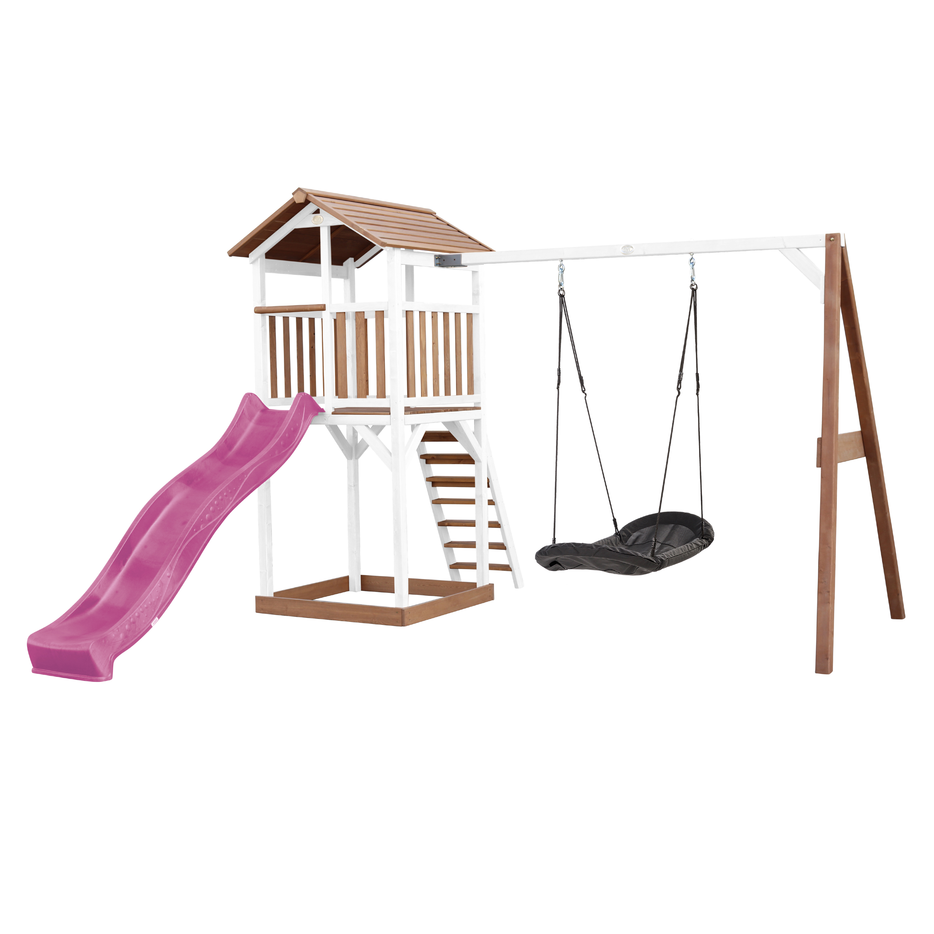 AXI Beach Tower with Roxy Nest Swing Set Brown/White - Purple Slide-8720365061790 AXI Beach Tower with Roxy Nest Swing Set Brown/White - Purple Slide