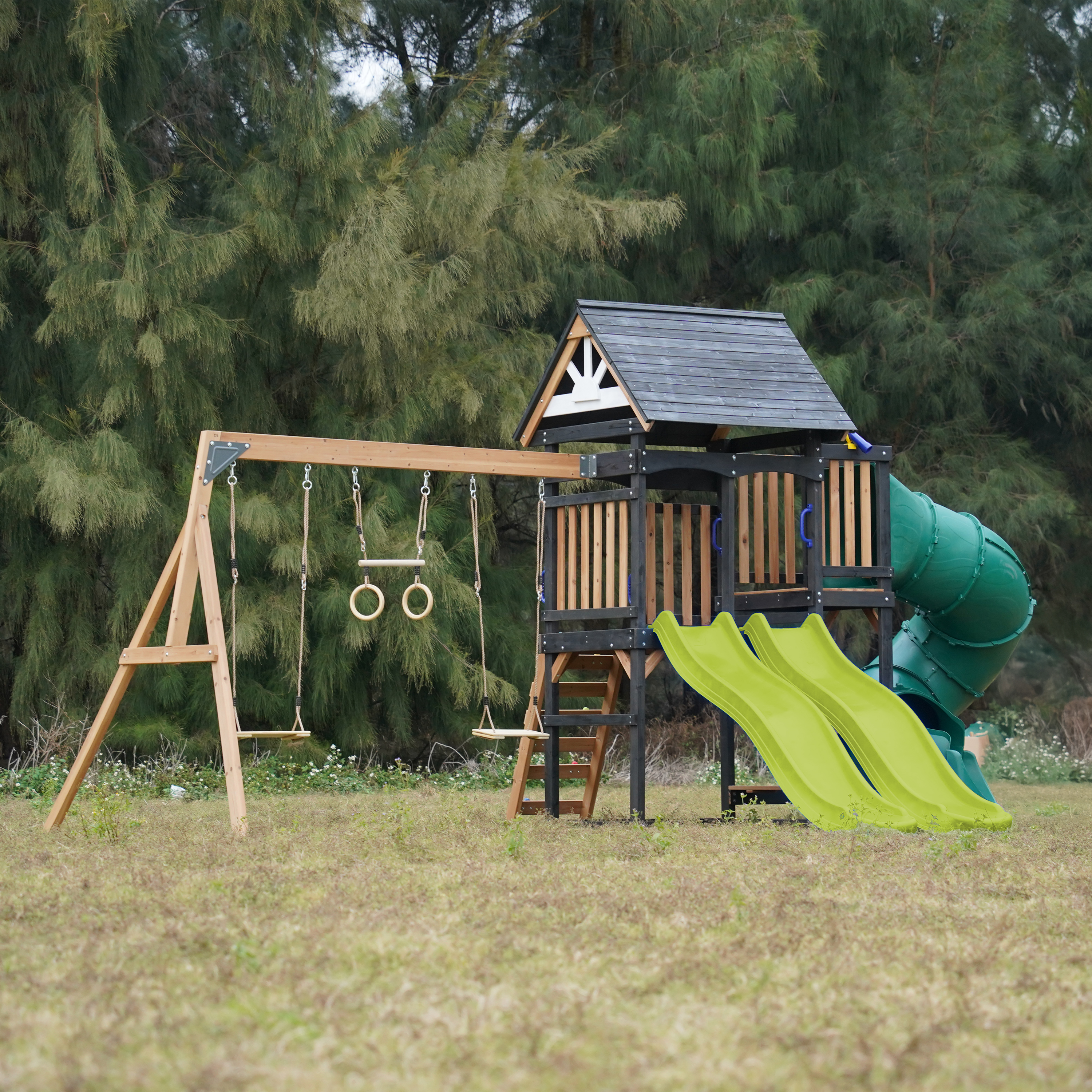 AXI Cody Climbing Frame with Swings, Trapeze and Climbing Wall – Lime Green Double Slide and Tube Slide