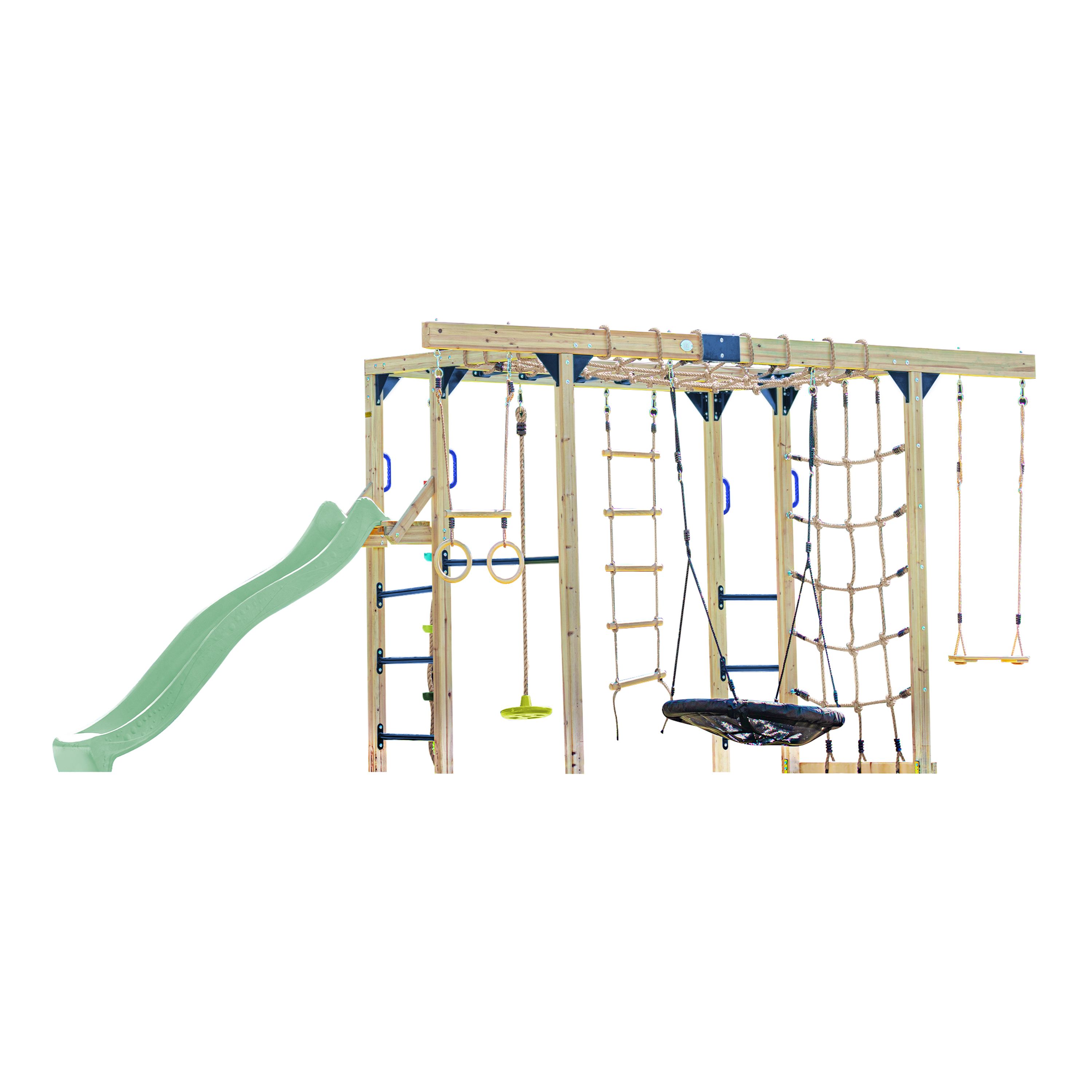 AXI Boris Wooden Playcentre with Swings. Trapeze. Climbing Nets and Monkey Bars – Pastel Green Slide