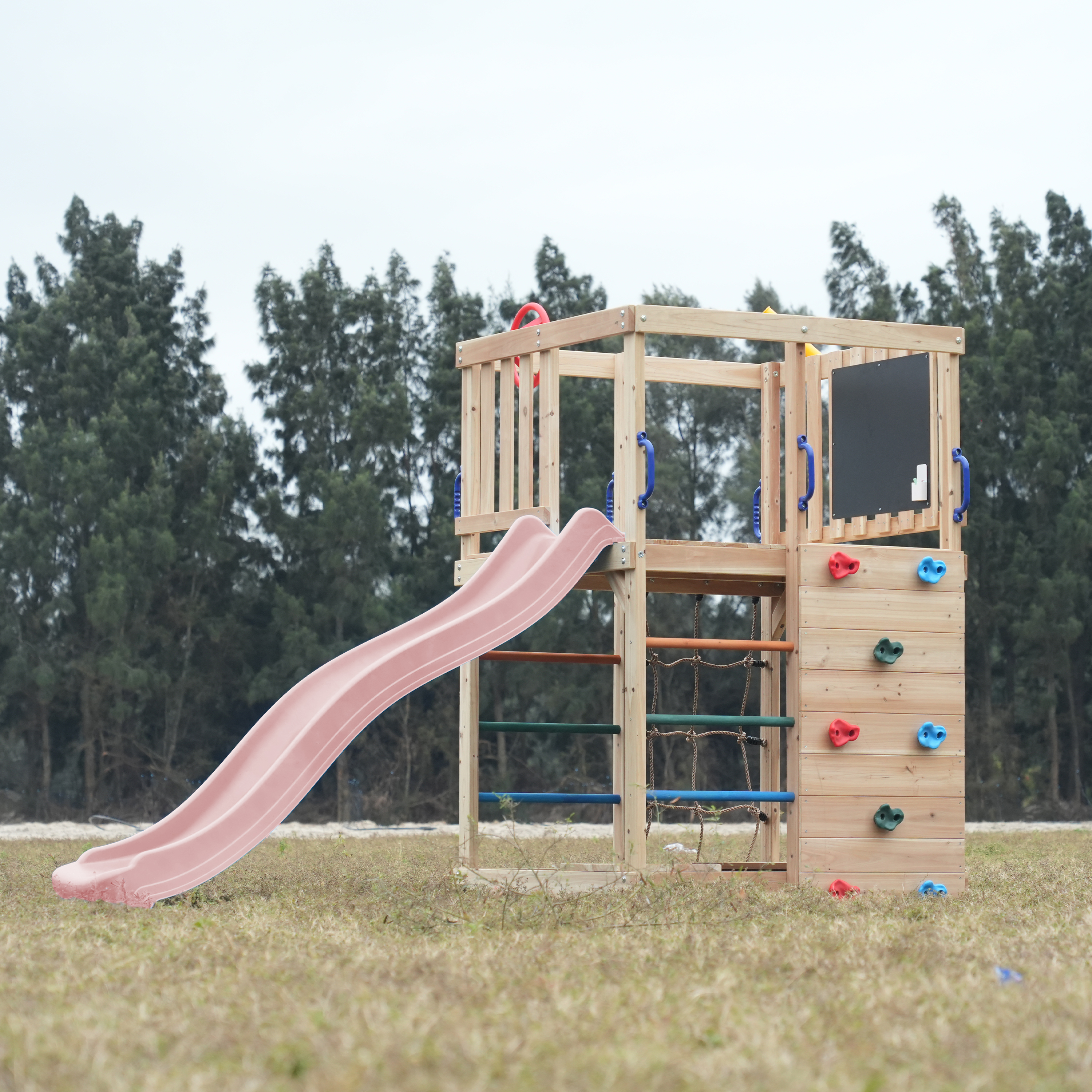 AXI Sam Climbing Frame with Climbing Wall, Climbing Net and Monkey Bars – Pastel Pink Slide