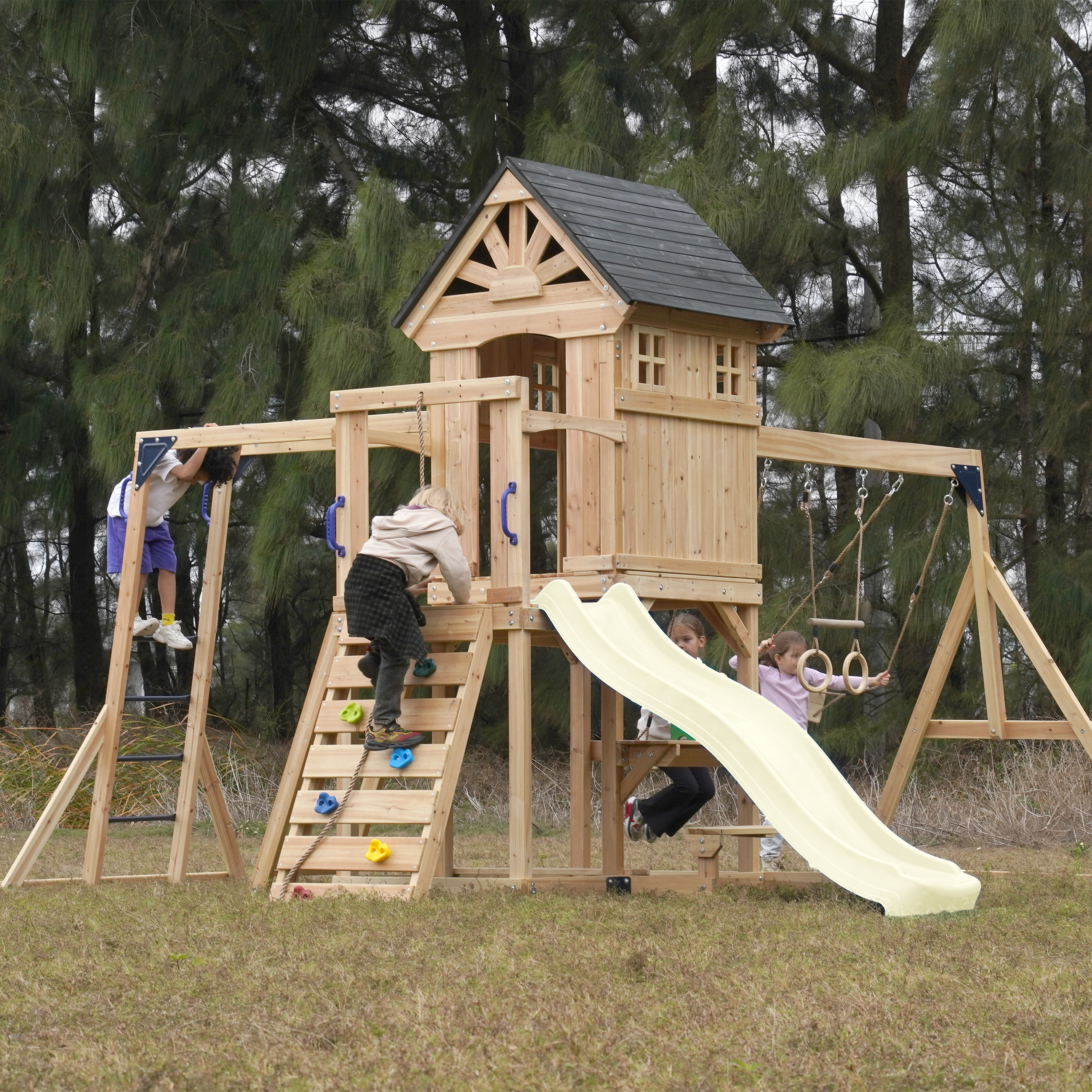 AXI Duncan Climbing Frame with Swings, Climbing Frames and Monkey Bars – Cream Slide