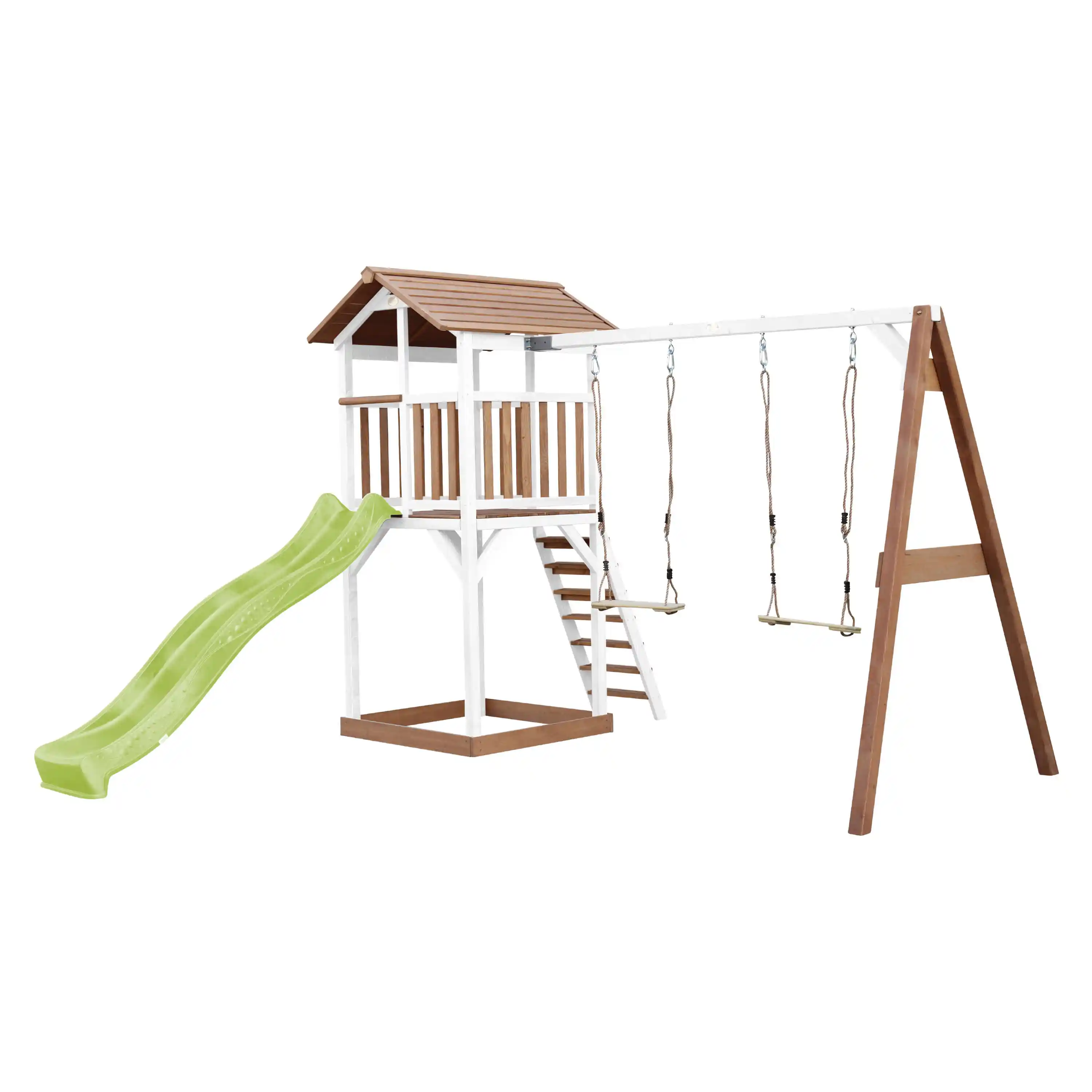 AXI Beach Tower Speeltoren met Dubbele Schommel Bruin/wit - Limoen groene Glijbaan