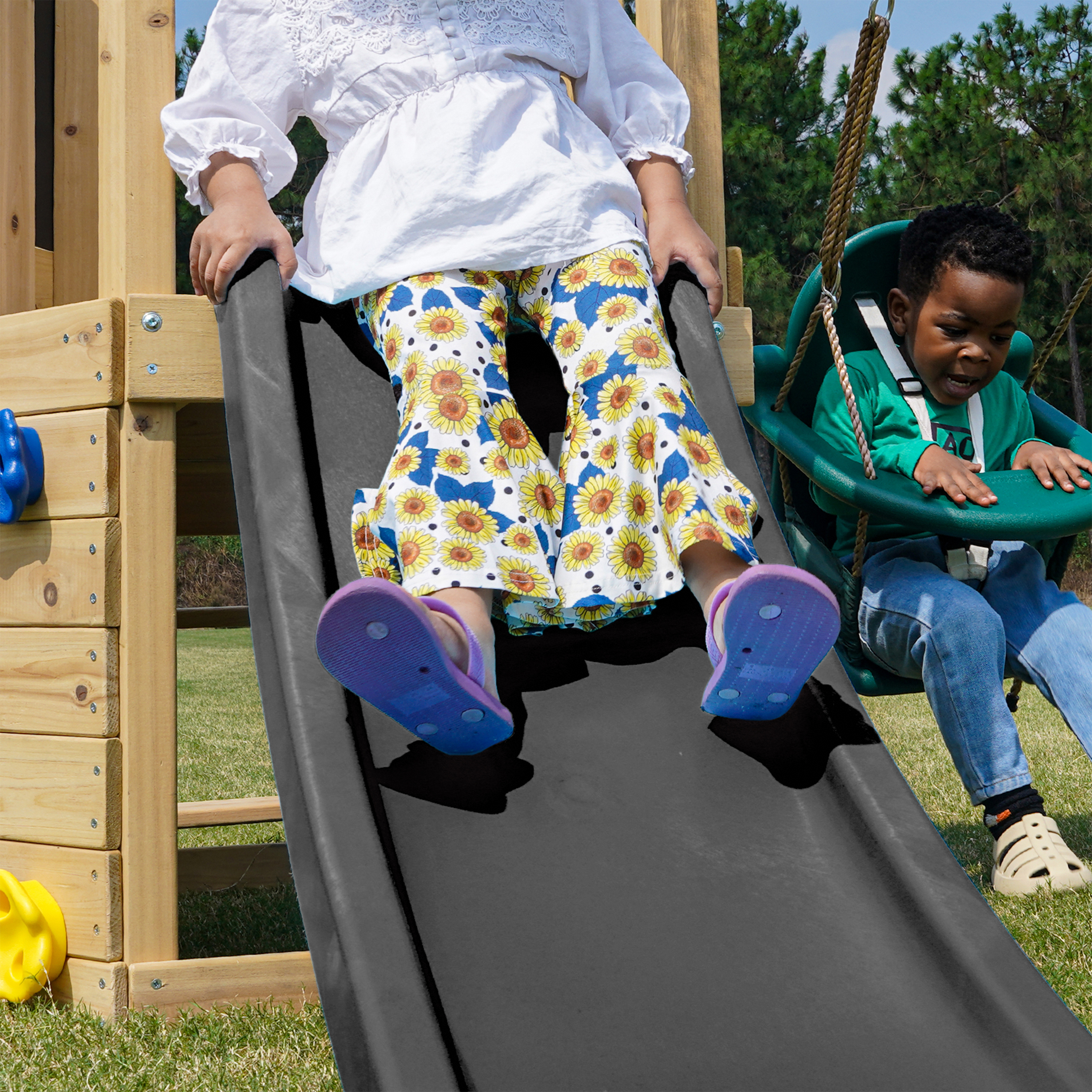 AXI Timo Mini Climbing Frame with Baby Swing. Climbing Wall and Chalkboard – Grey Slide