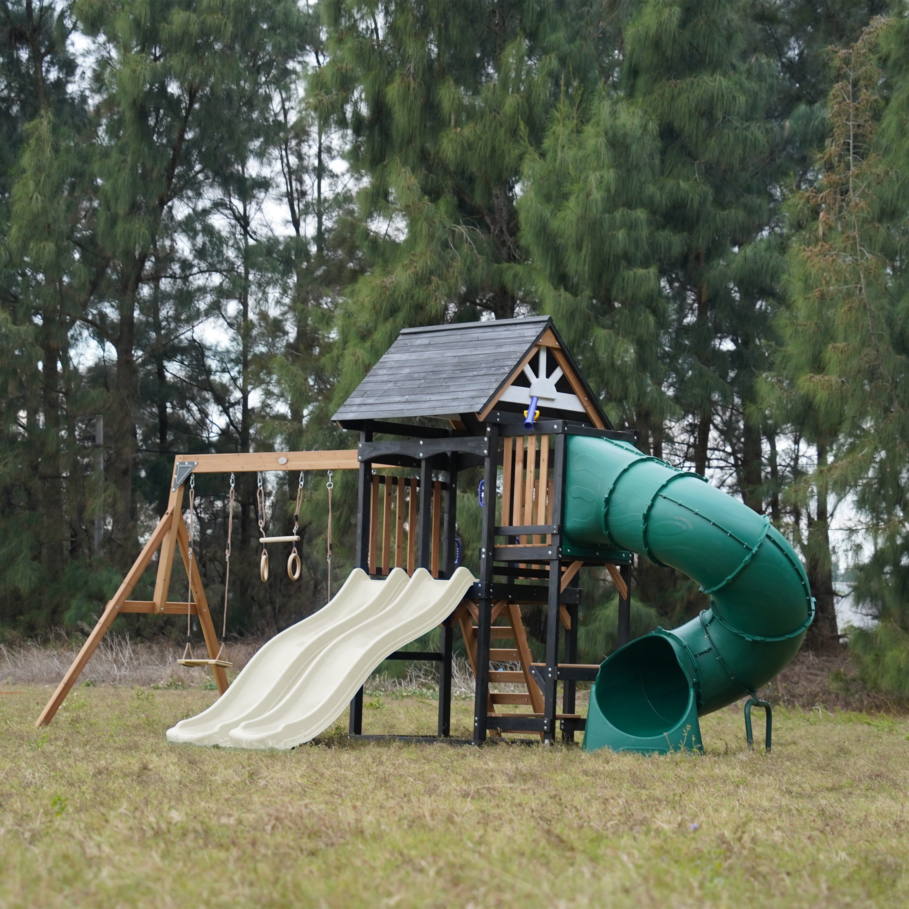 AXI Cody Climbing Frame with Swings. Trapeze and Climbing Wall – Cream Double Slide and Tube Slide