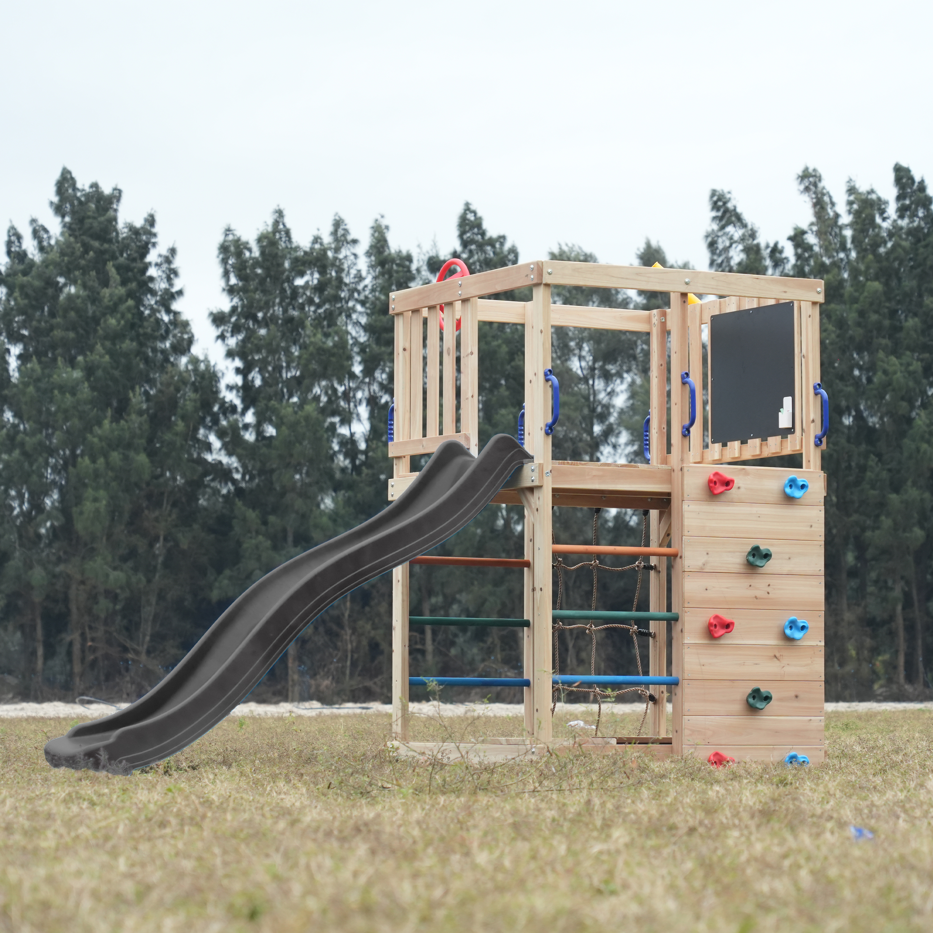 AXI Sam Climbing Frame with Climbing Wall, Climbing Net and Monkey Bars – Grey Slide