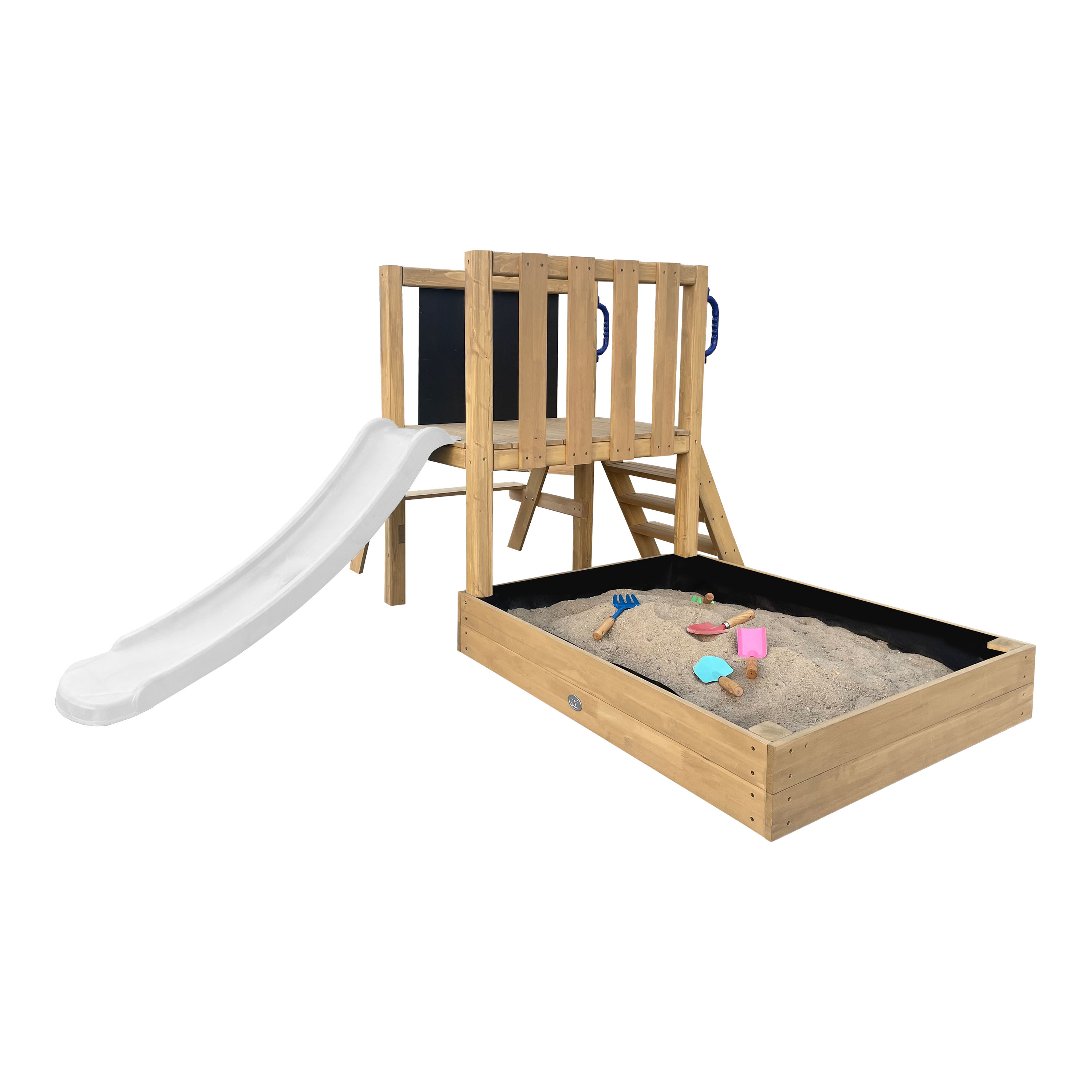 AXI Leah Mini Wooden Playtower with Sandbox. Picnic Table & Chalkboard – White Slide