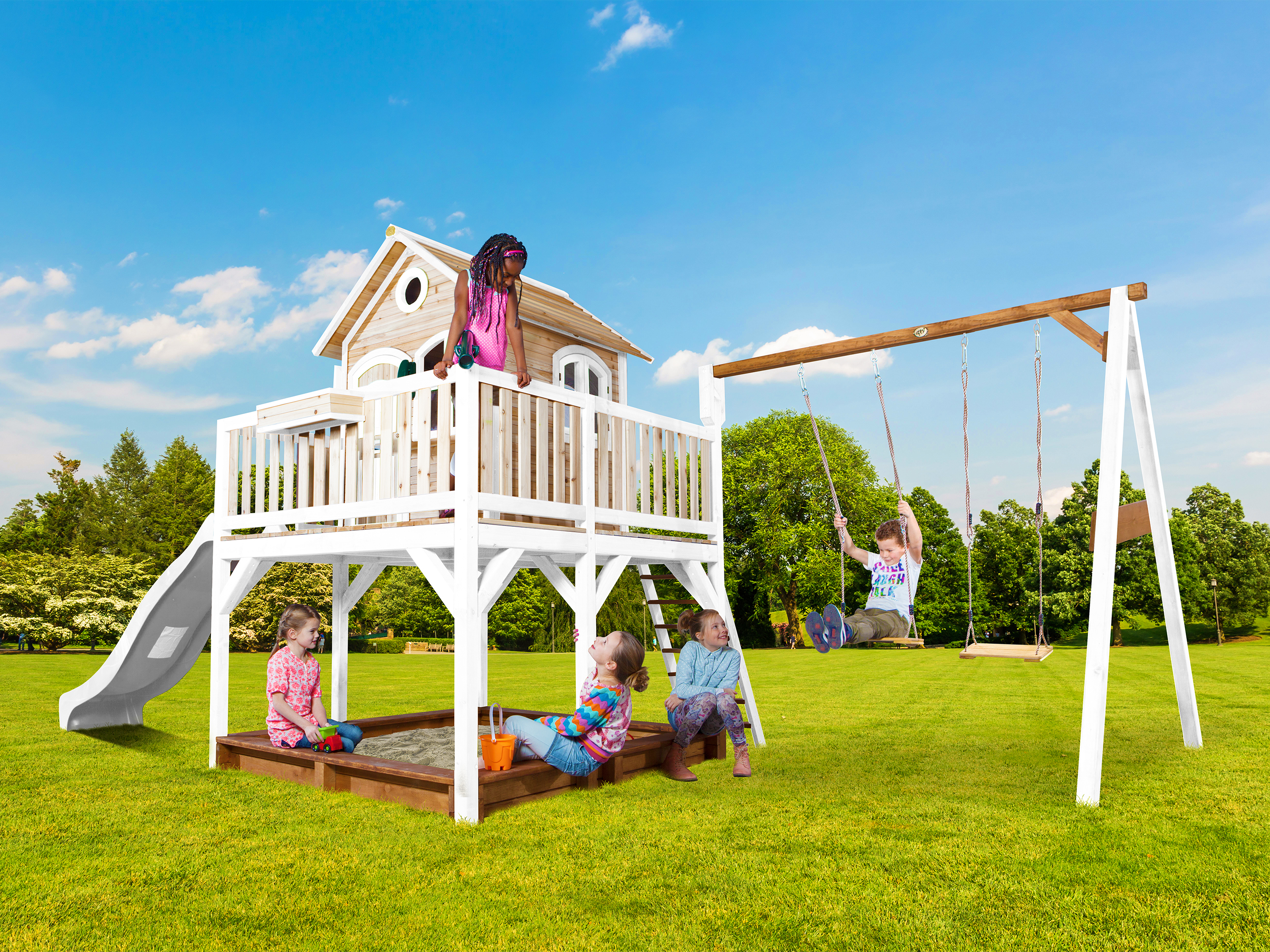 AXI Liam Playhouse with Double Swing Set Brown/White - White Slide-8717973933540 AXI Liam Playhouse with Double Swing Set Brown/White - White Slide