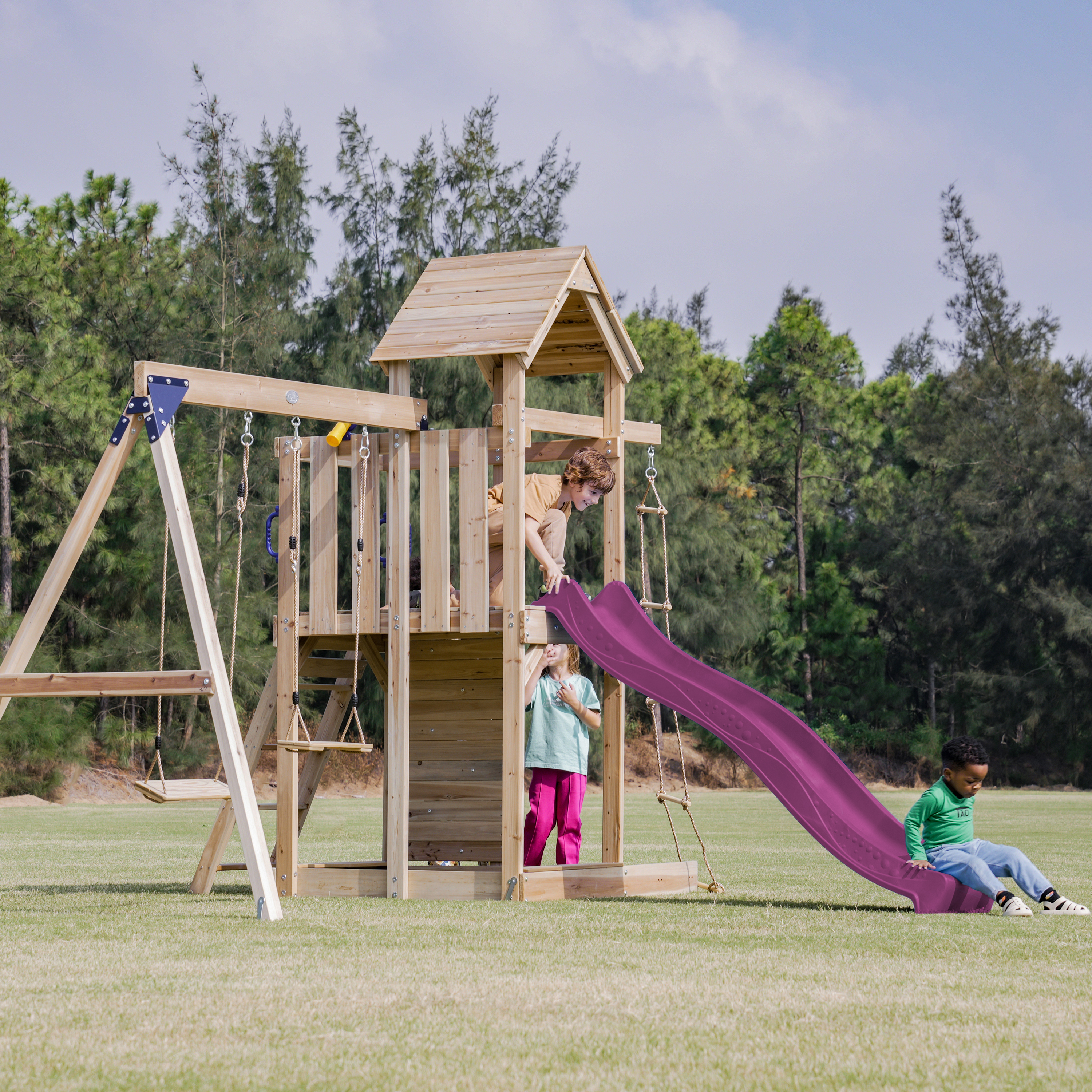 AXI Moos Climbing Frame with Double Swing Set - Purple Slide