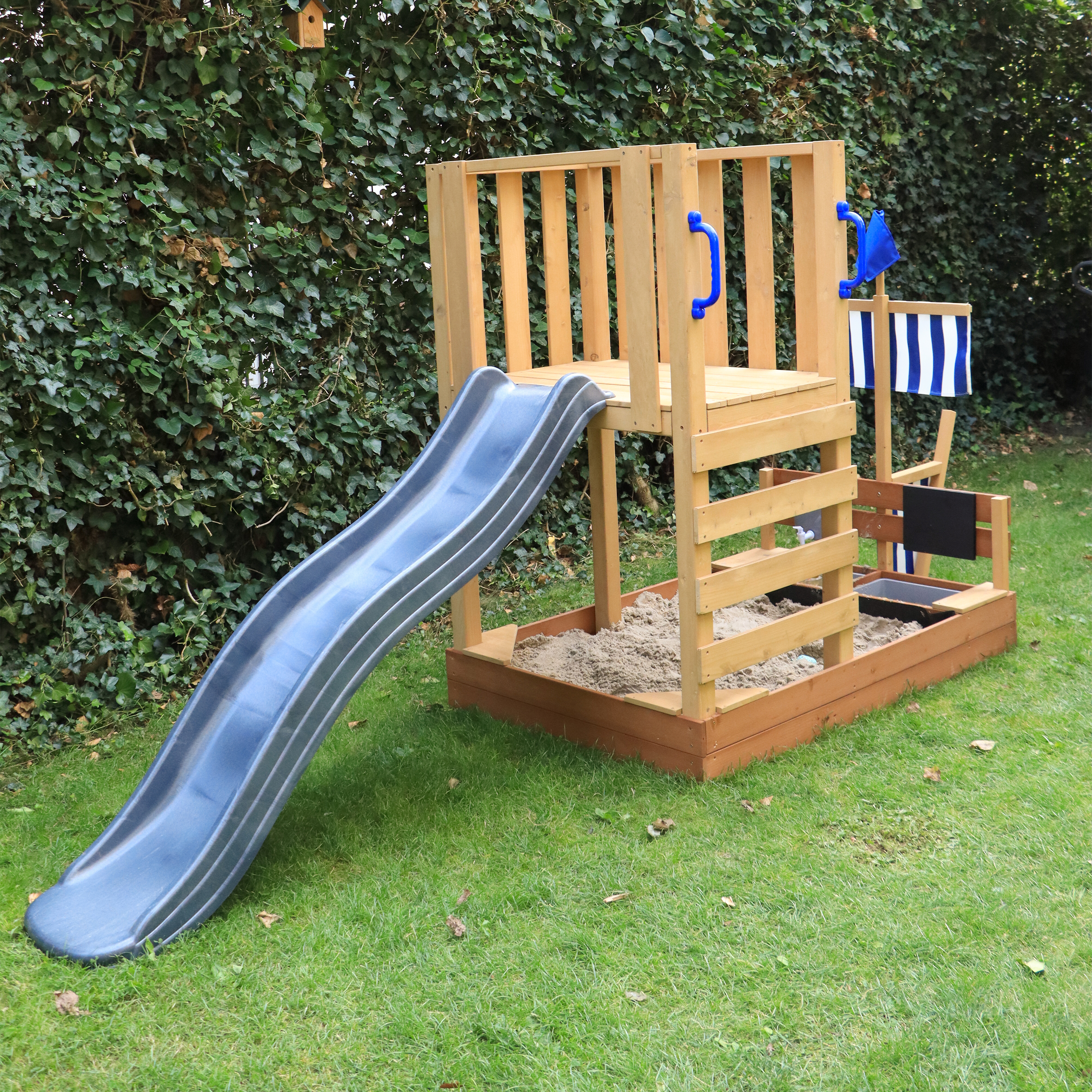 AXI Vicky Climbing Frame with Sandbox. Play Kitchen & Chalkboard – Grey Slide