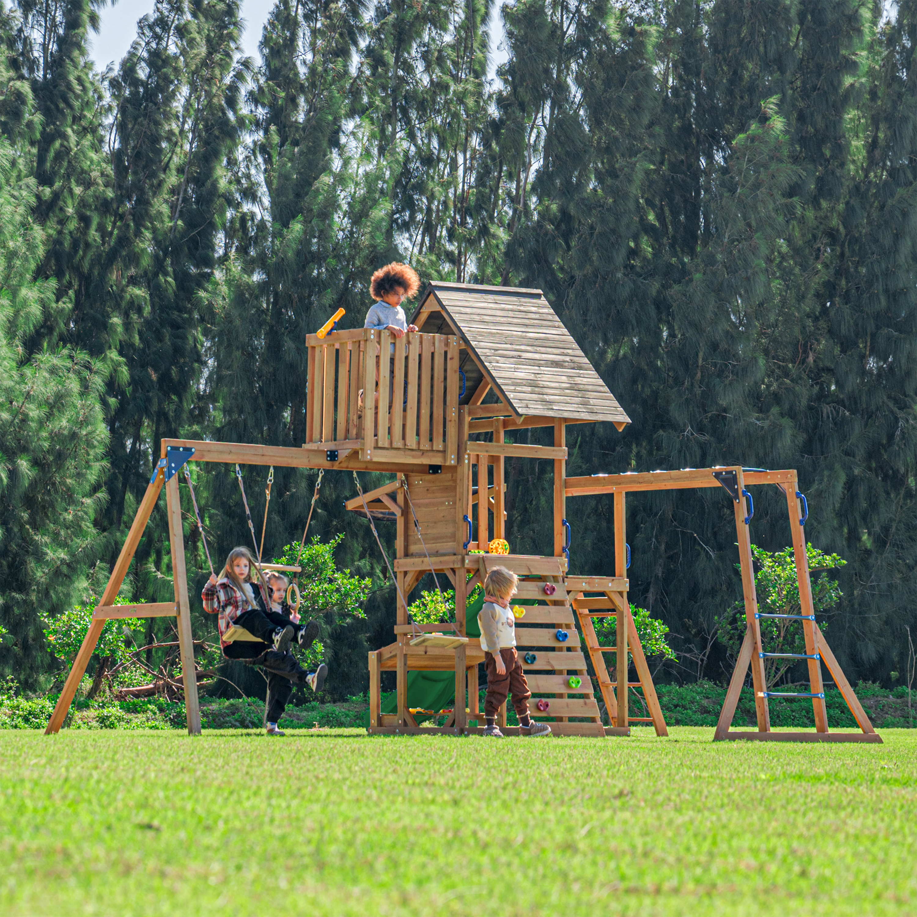 AXI Mitch Climbing Frame with Double Swing, Trapeze and Lookout Tower – Green Slide