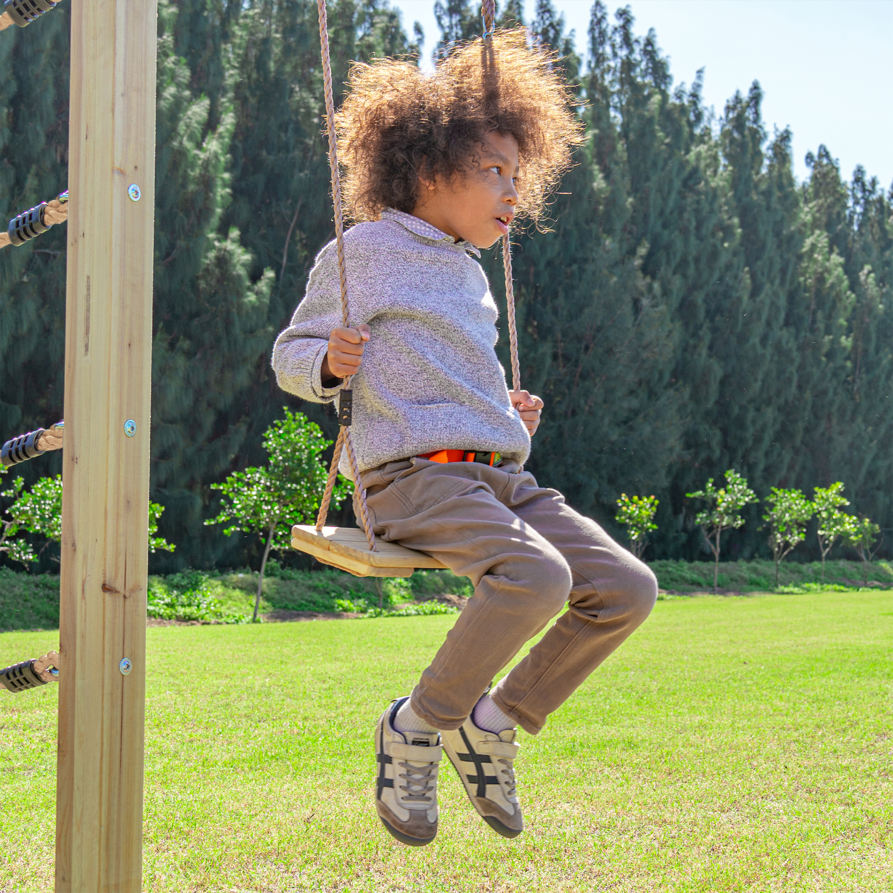 AXI Boris Wooden Playcentre with Swings. Trapeze. Climbing Nets and Monkey Bars – Green Slide