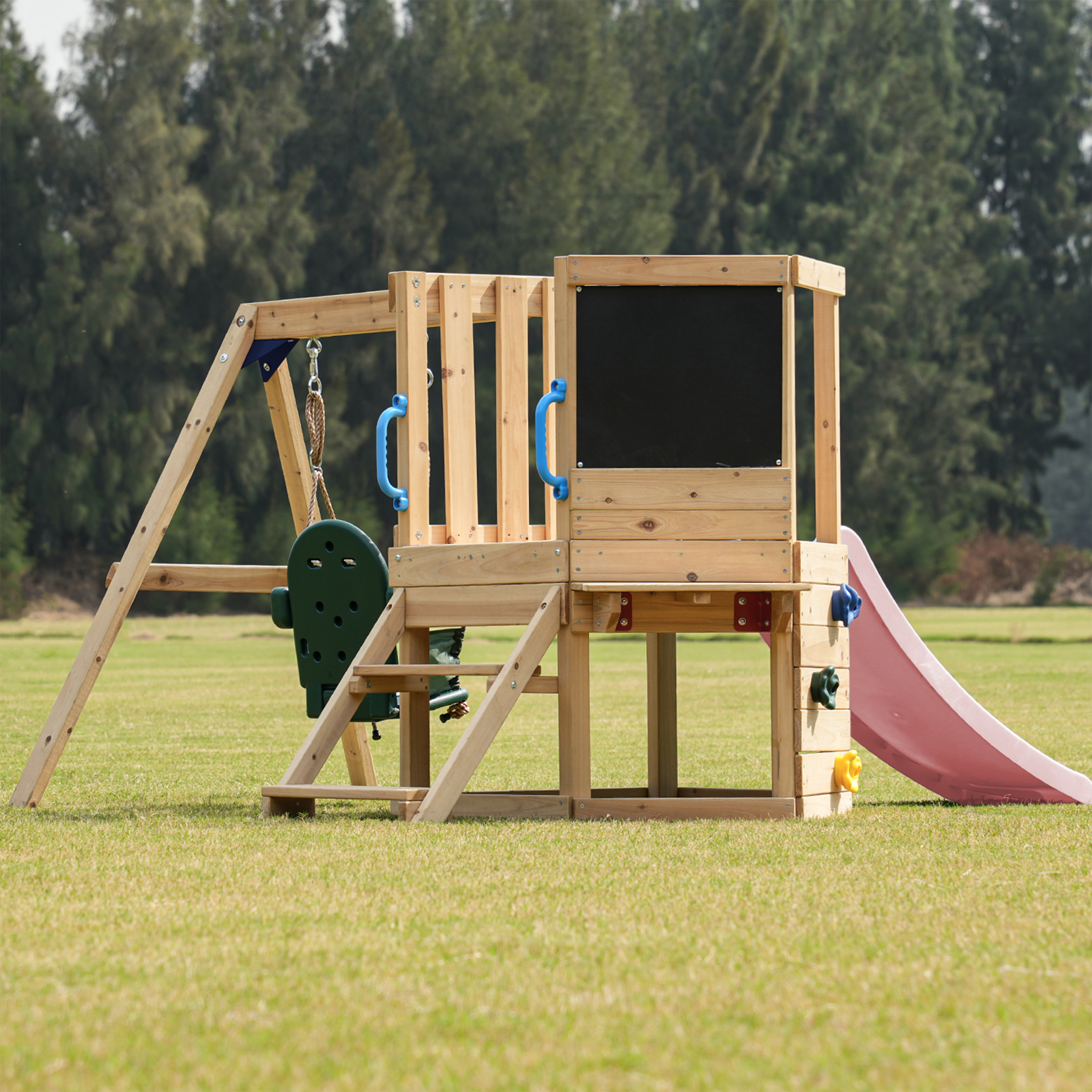 AXI Timo Mini Climbing Frame with Baby Swing. Climbing Wall and Chalkboard – Pastel Pink Slide