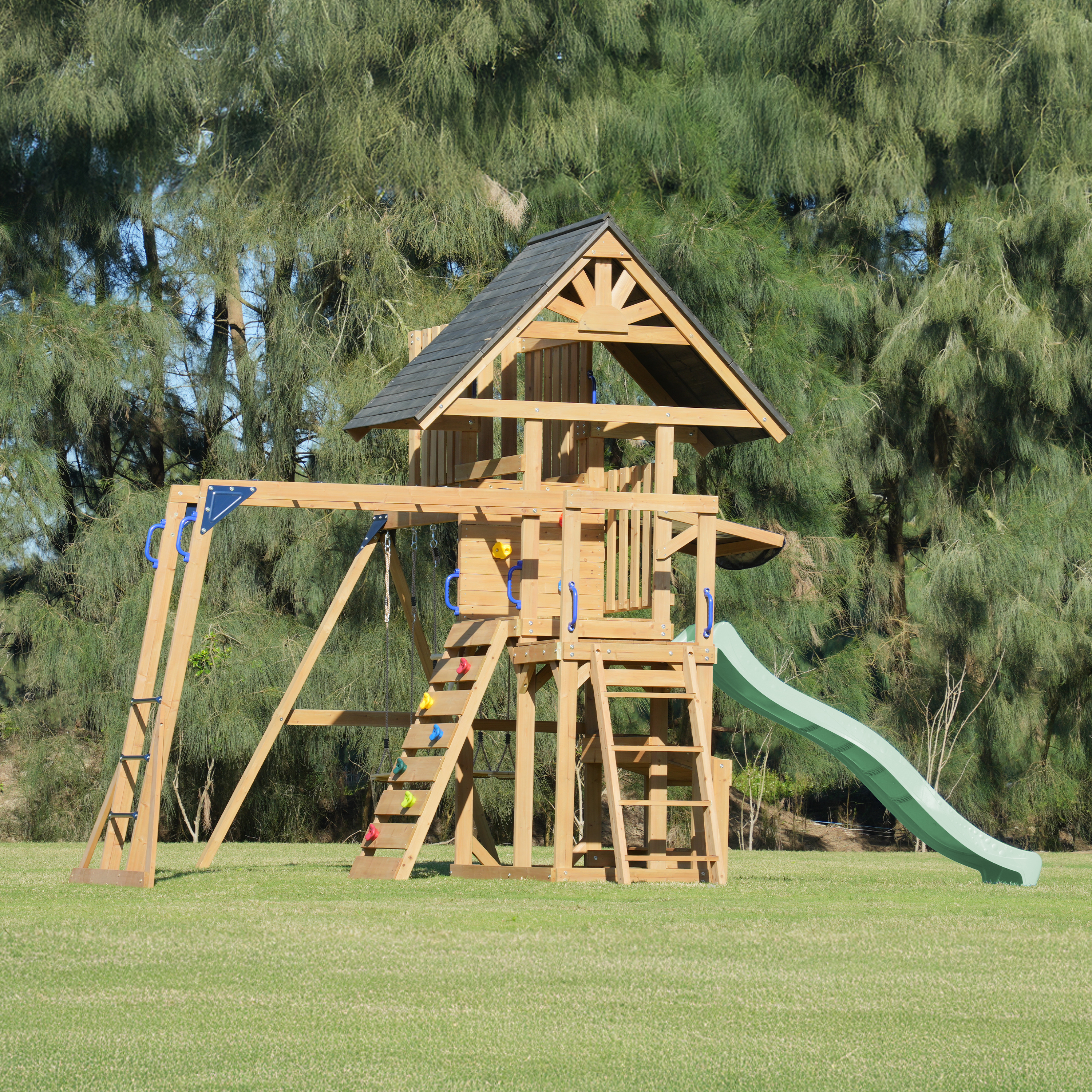 AXI Mitch Climbing Frame with Double Swing, Trapeze and Lookout Tower – Pastel Green Slide