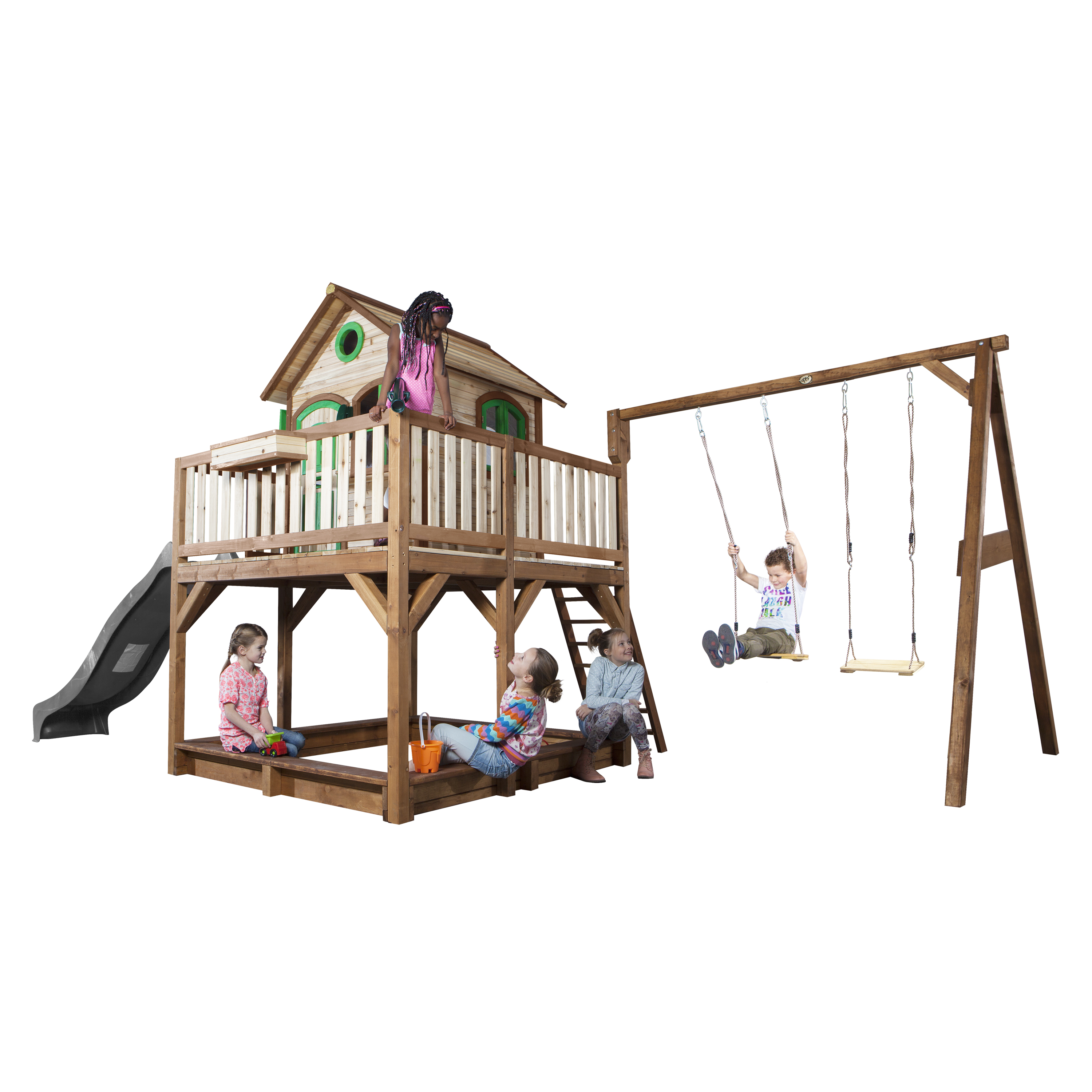 AXI Liam Playhouse with Double Swing Set Brown/Green - Grey Slide