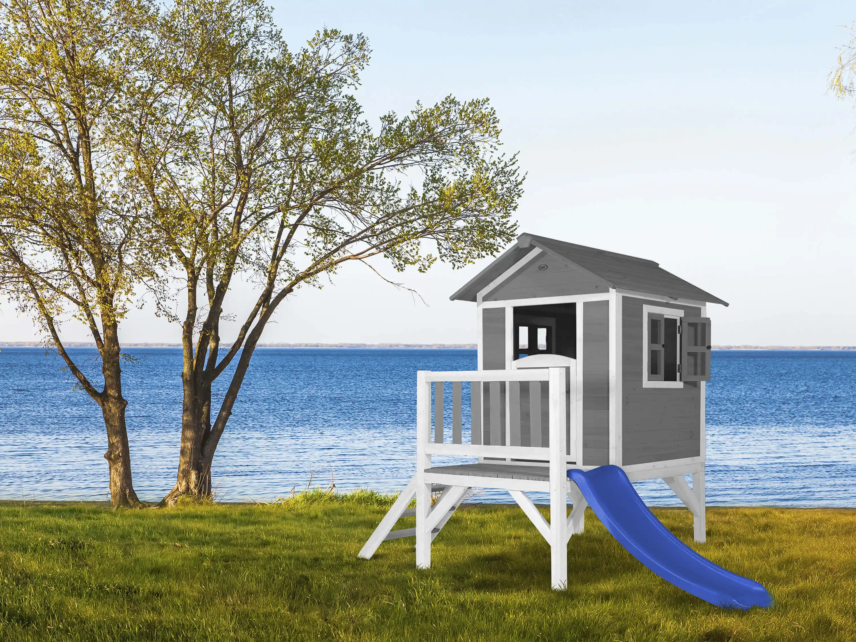 AXI Lodge XL Speelhuis Cool Grijs - Blauwe Glijbaan